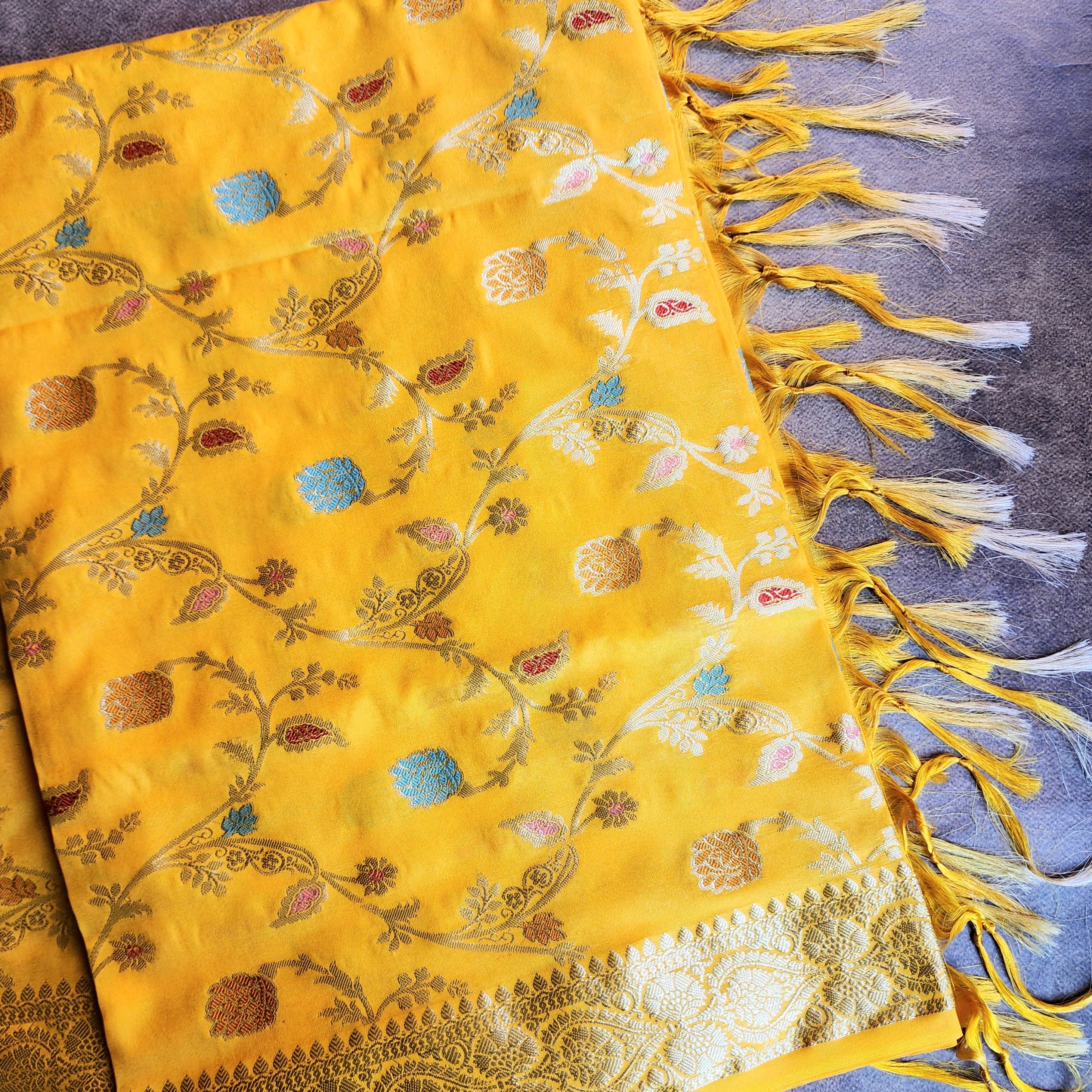 Mustard Yellow Banarasi Silk Dupatta with Gold Zari Border & Multicolor Meenakari Work