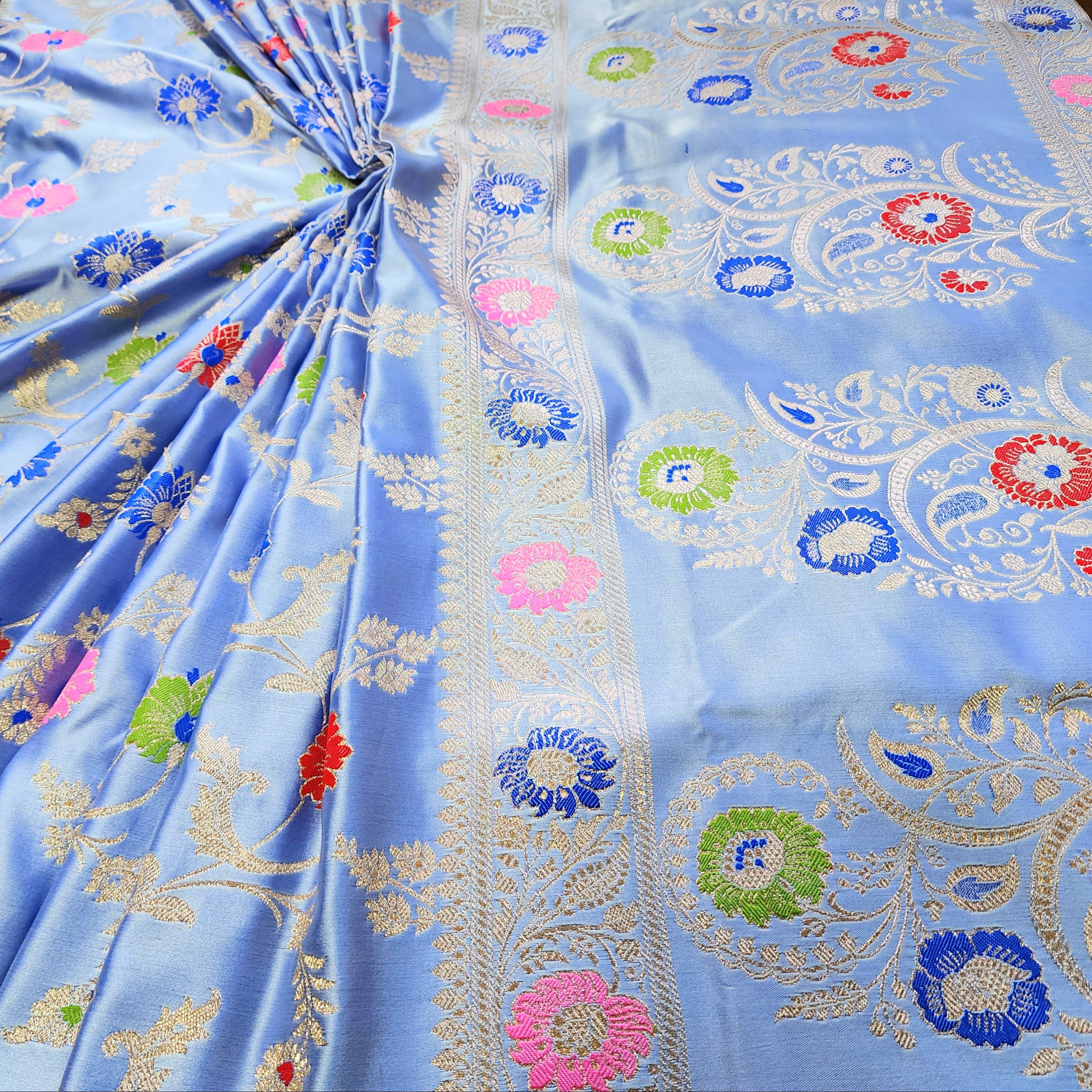 Enriched Banarasi Katan Silk Saree | Sky Blue Multicolor Meenakari Floral Jaal