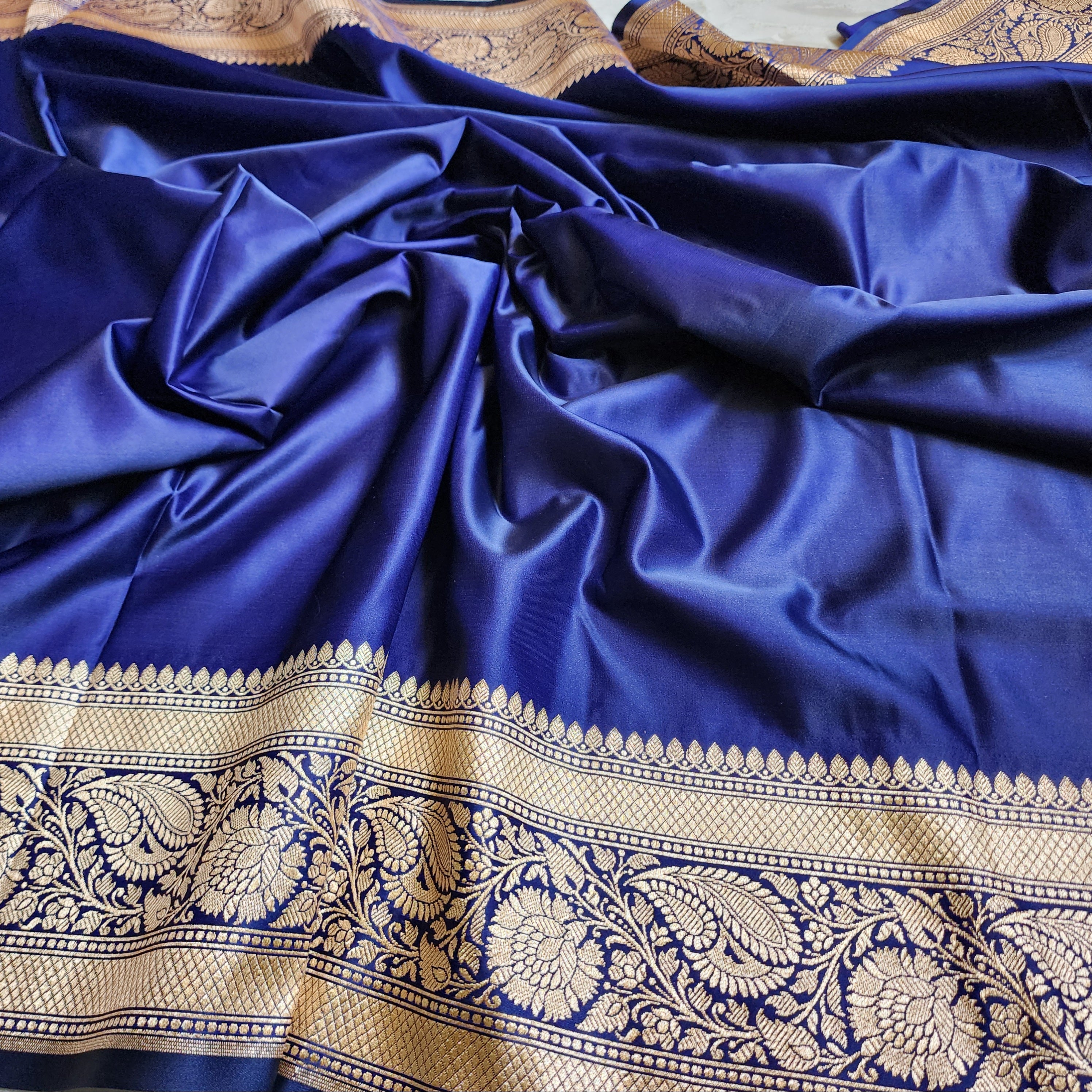 Royal Blue Pure Banarasi Katan Silk Saree with light Gold Zari Weaving