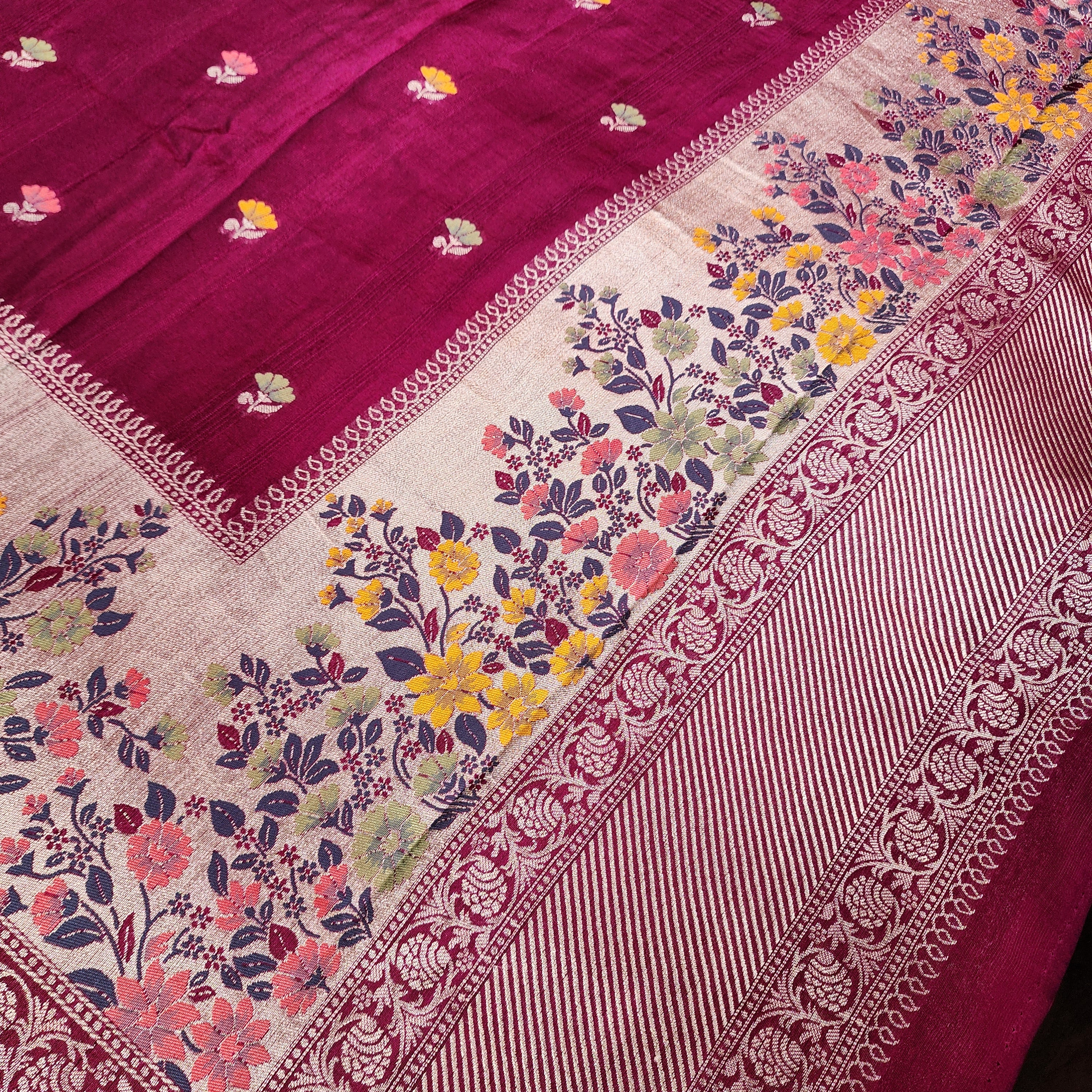 Soft Wine Raw Silk Saree With Pastel Floral Weaving and Off White Border