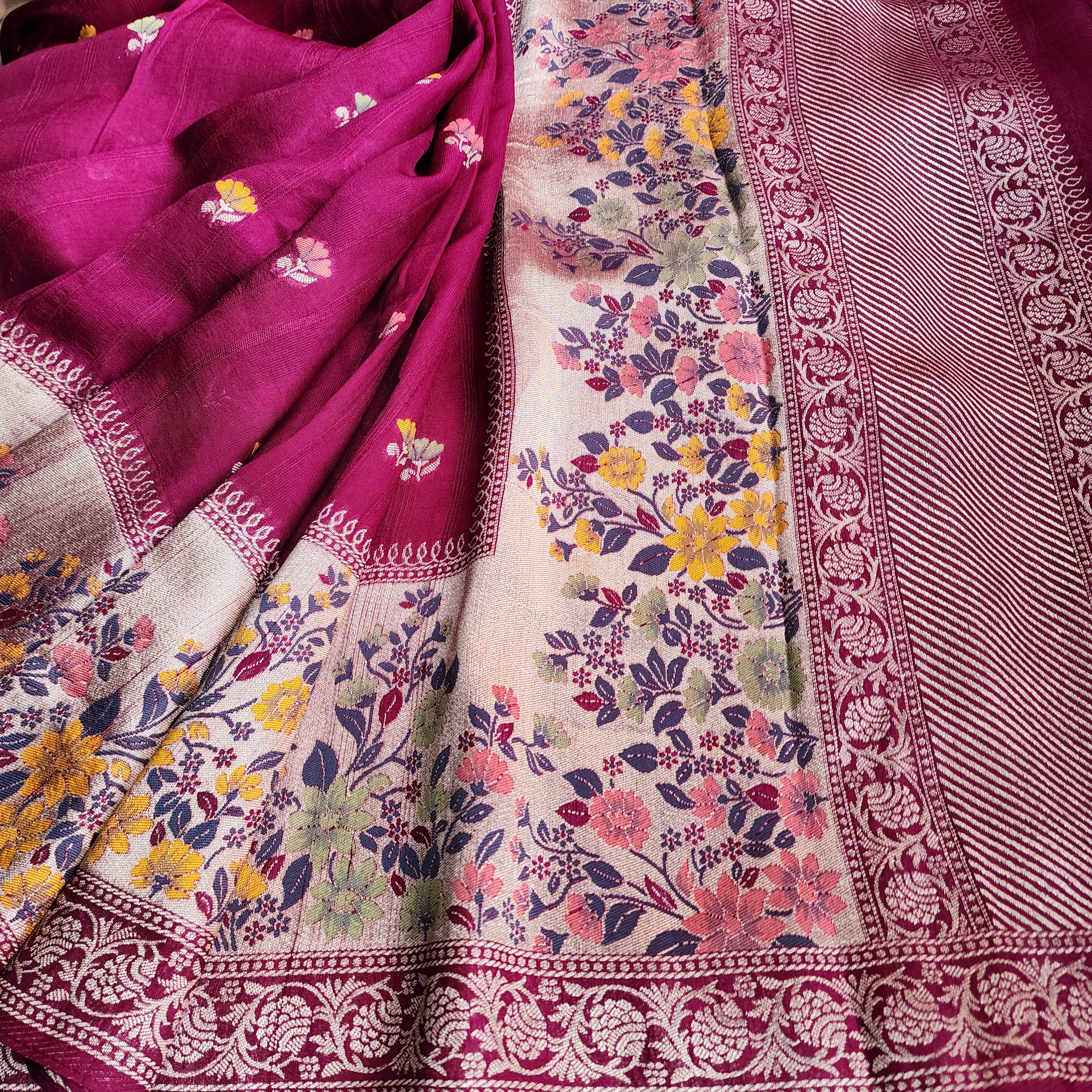 Soft Wine Raw Silk Saree With Pastel Floral Weaving and Off White Border