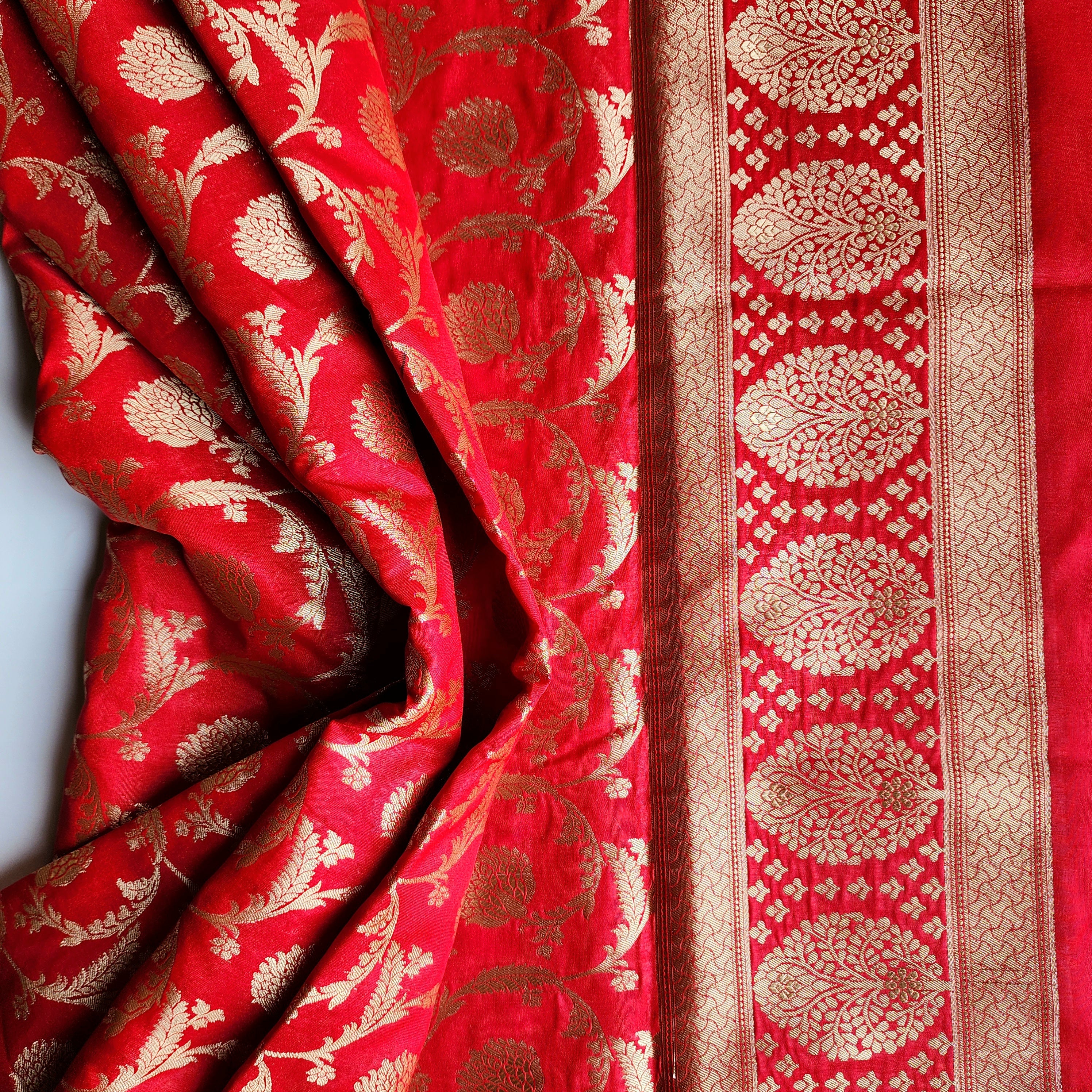 Red Banarasi Dupatta - Zari Blossom Motifs