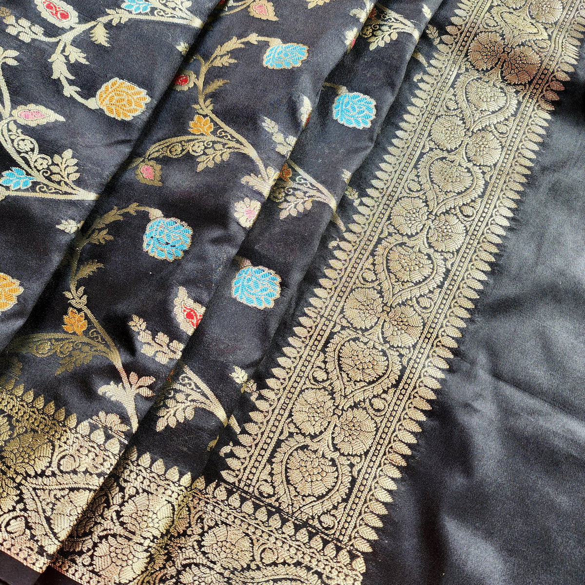 Black Banarasi Silk Dupatta with Gold Zari Border & Multicolor Meenakari Work
