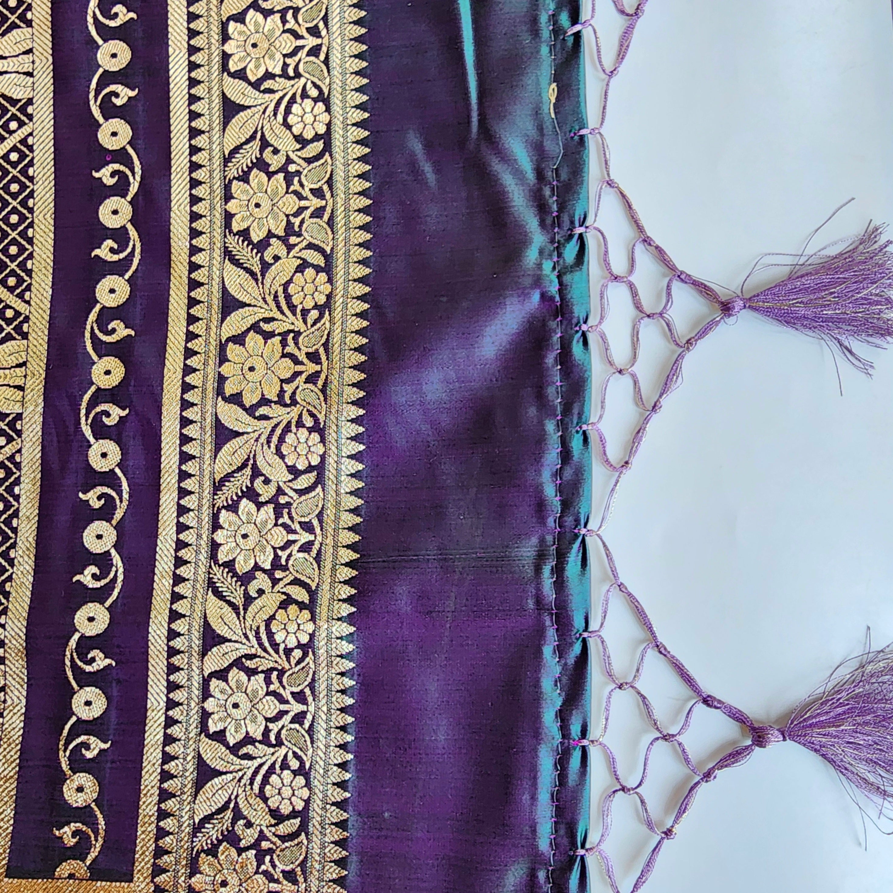 Lavender Katan Silk Saree with Emerald Green and Gold Zari Border