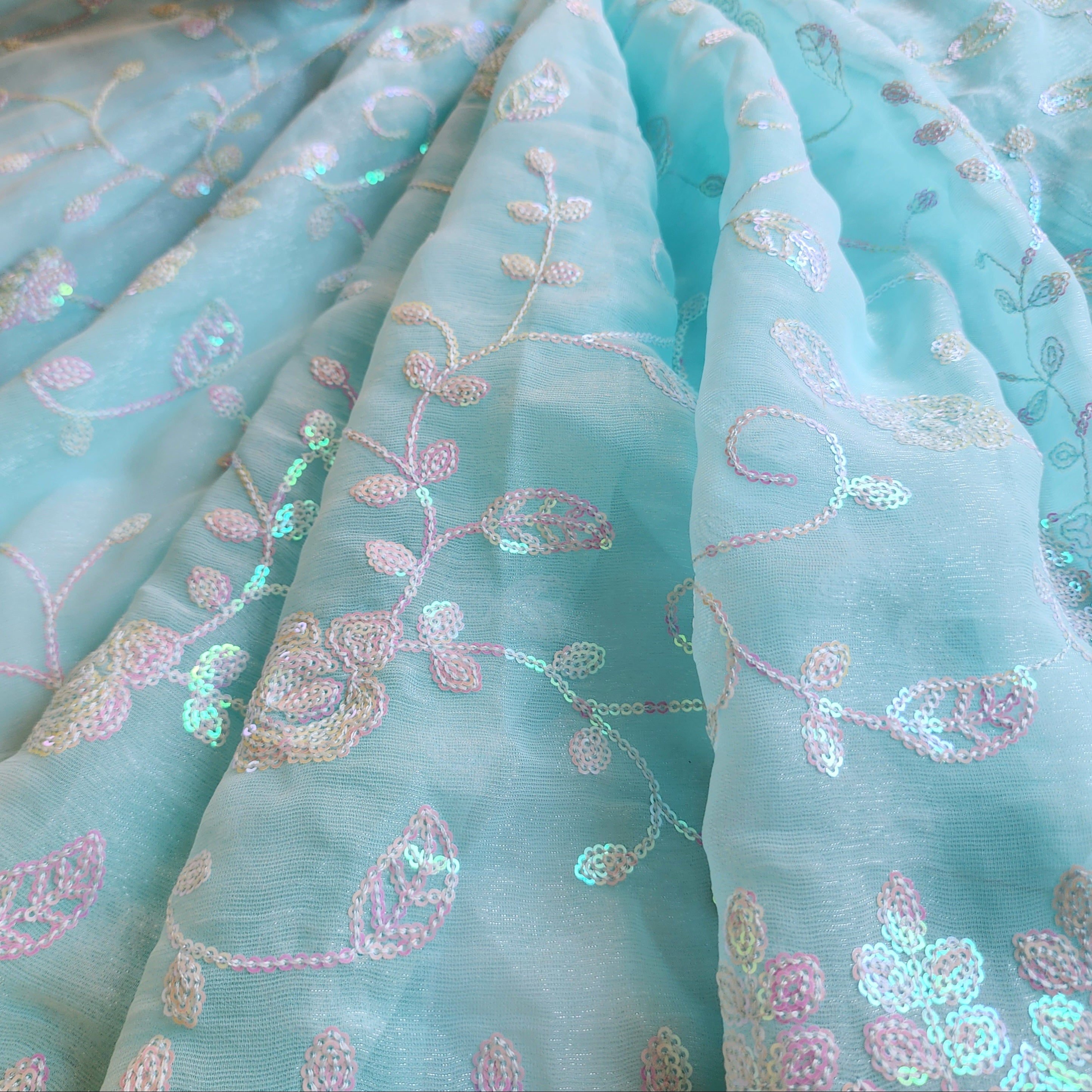 Georgette Designer Sequinned Saree - Mint Aqua