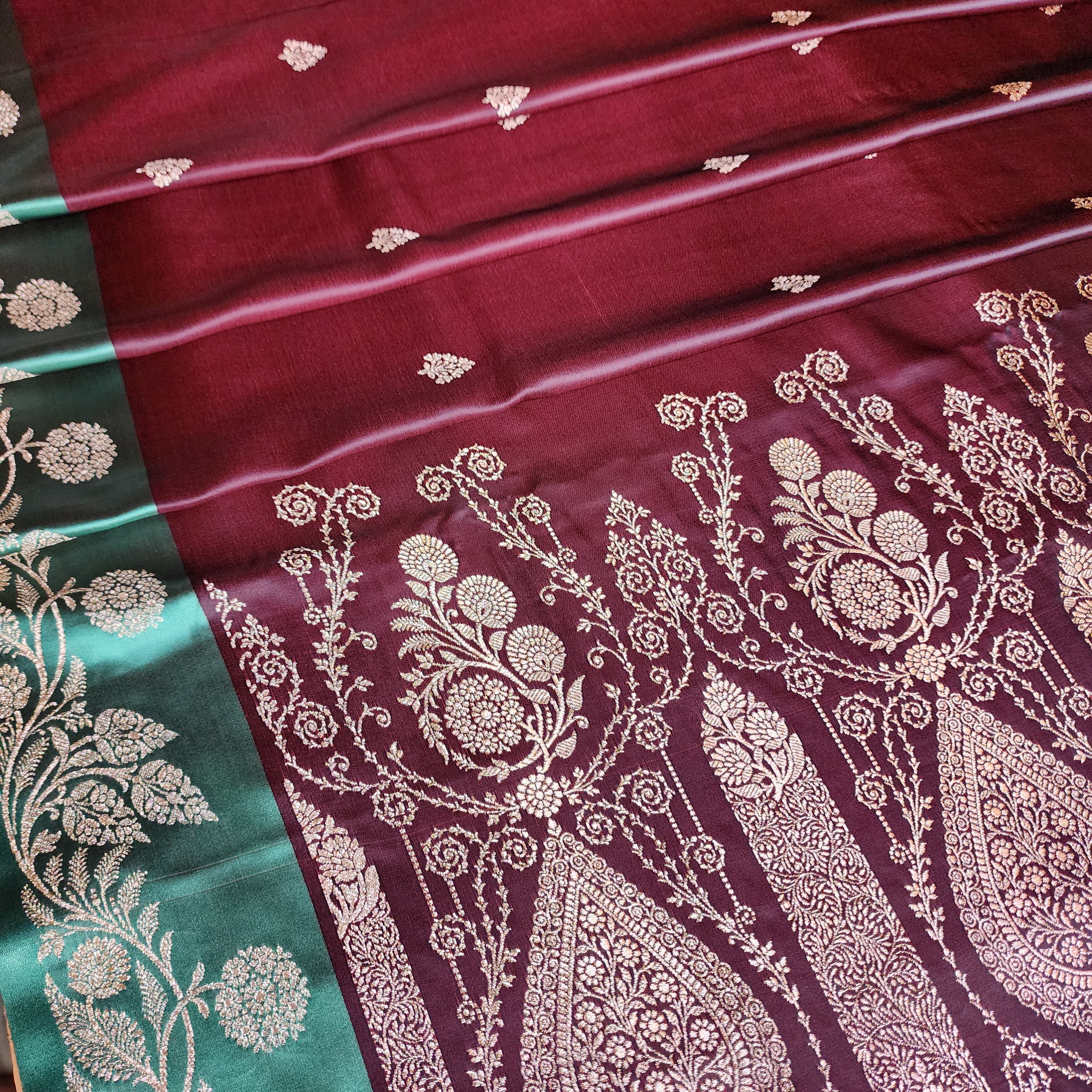 Chocolate Brown Pure Banarasi Katan Silk Saree with Sea Green Border