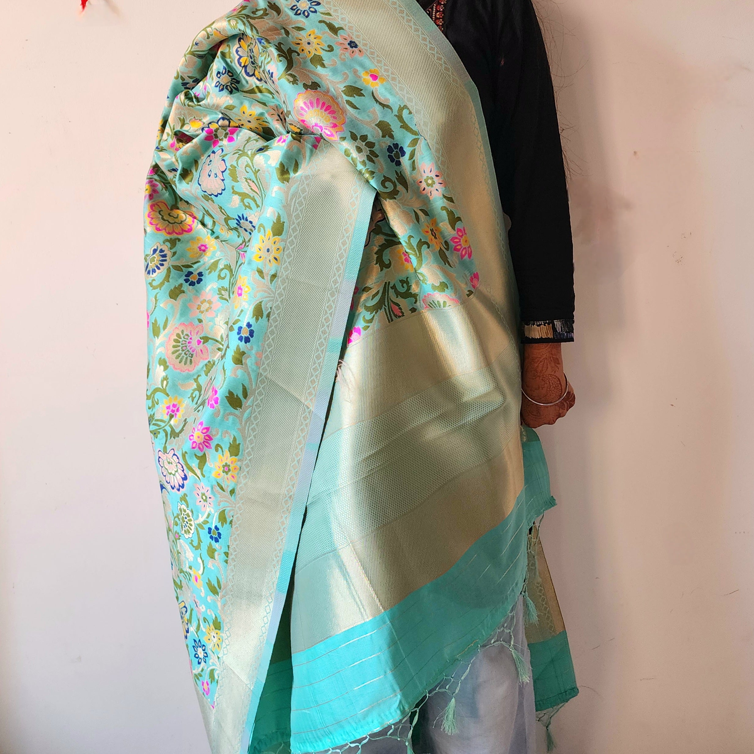 Banarasi Silk Aqua Blue Dupatta with Multicolor & Gold Floral Handweaving