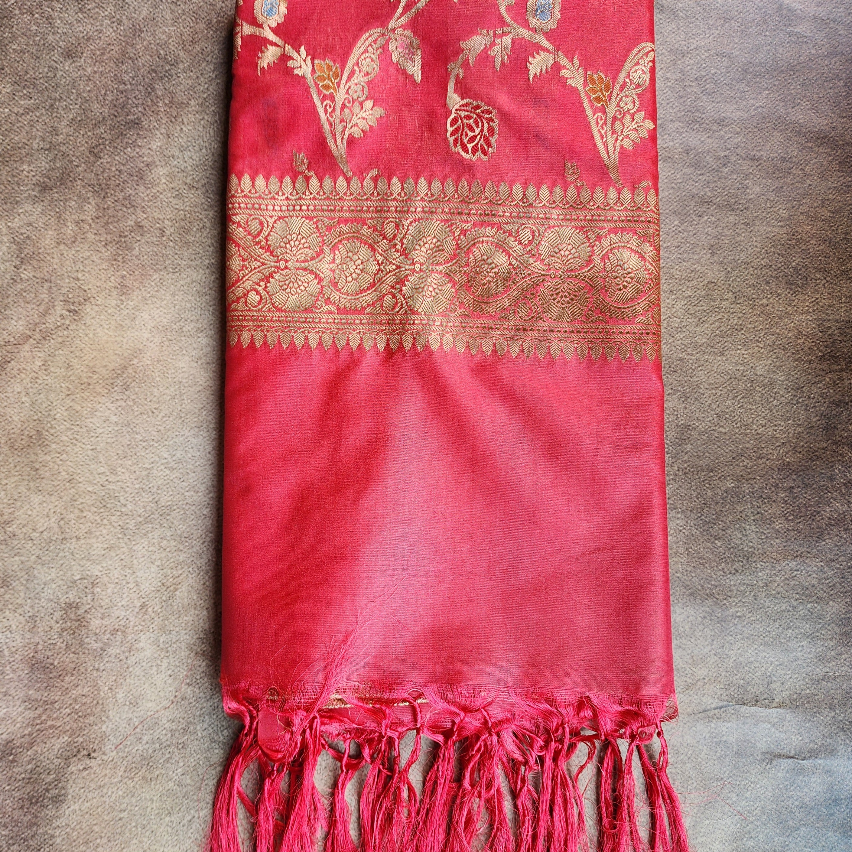 Rani Pink Banarasi Silk Dupatta with Gold Zari Border & Multicolor Meenakari Work