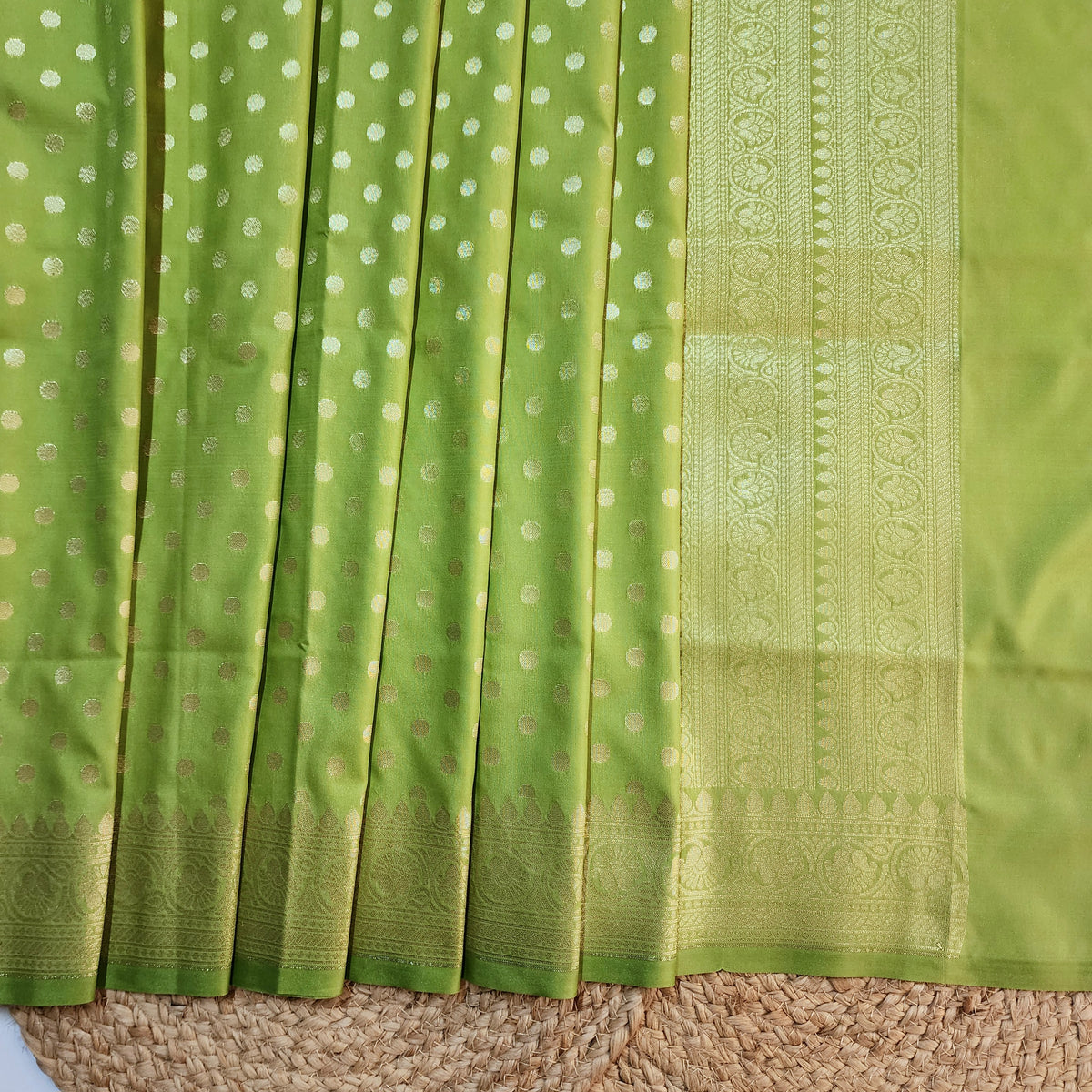 Lime Green Banarasi Silk Dupatta with Gold Polka Dot