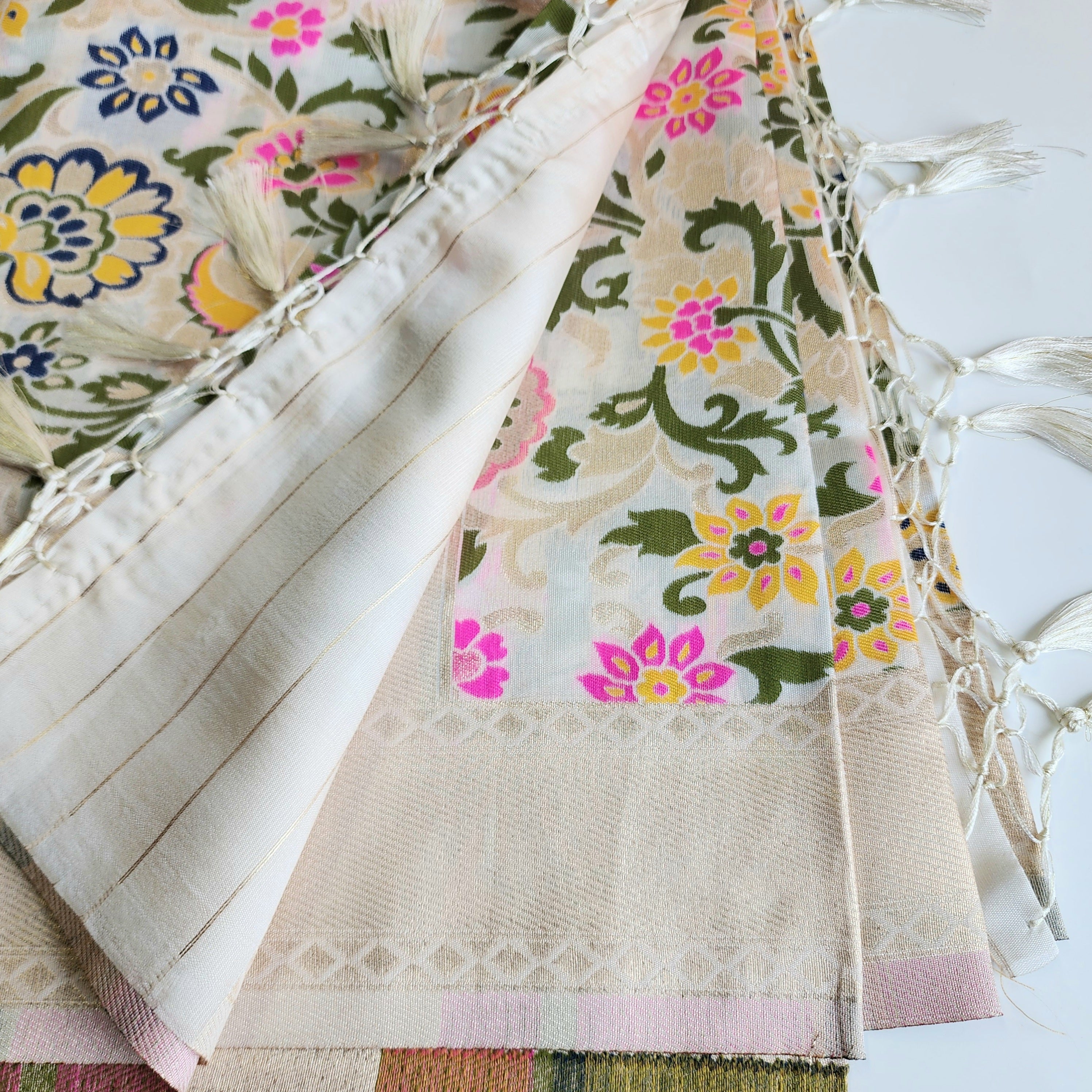 Banarasi Silk Off-White Dupatta with Multicolor & Gold Floral Handweaving