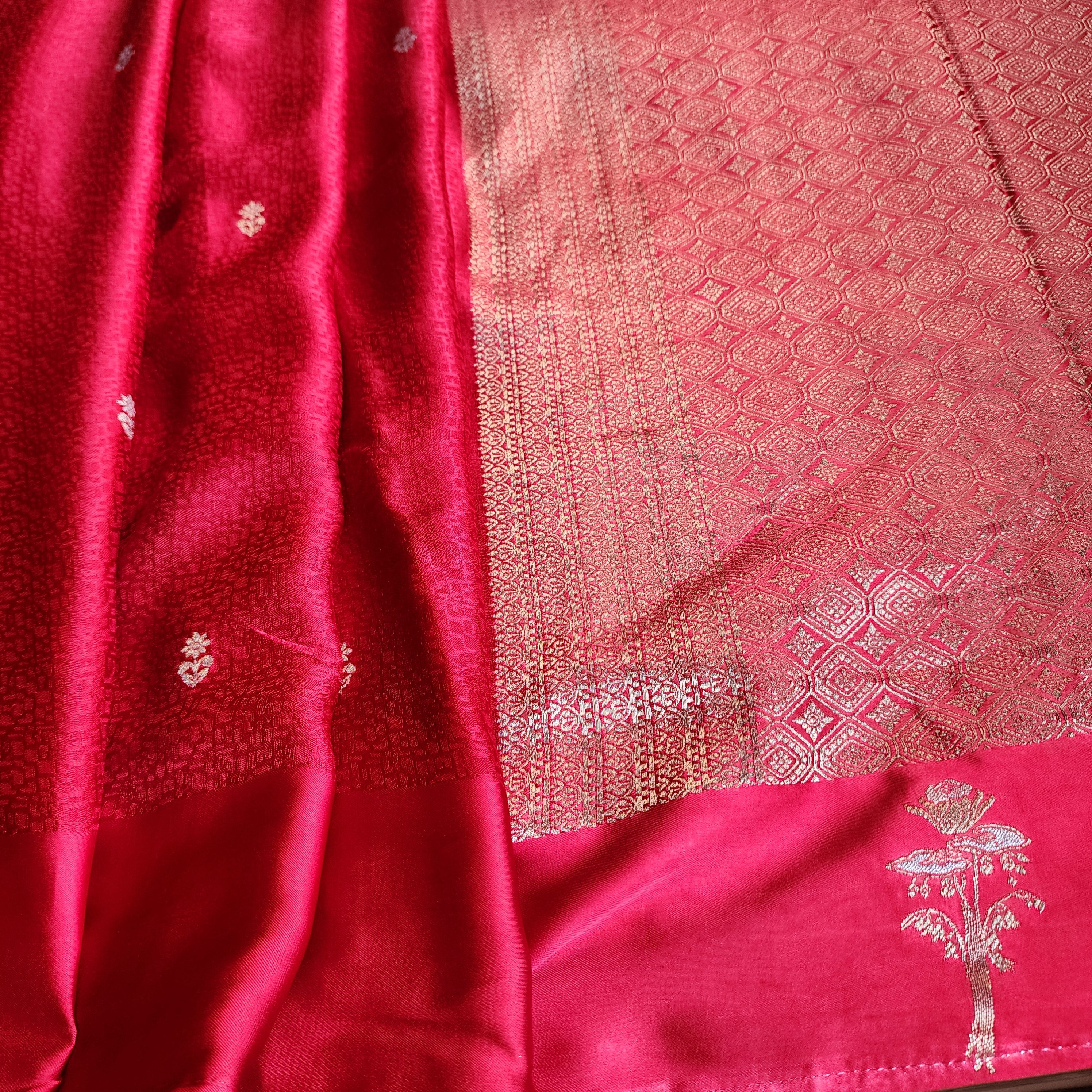 Crimson Red Mashru Tanchoi Saree with Gold Zari