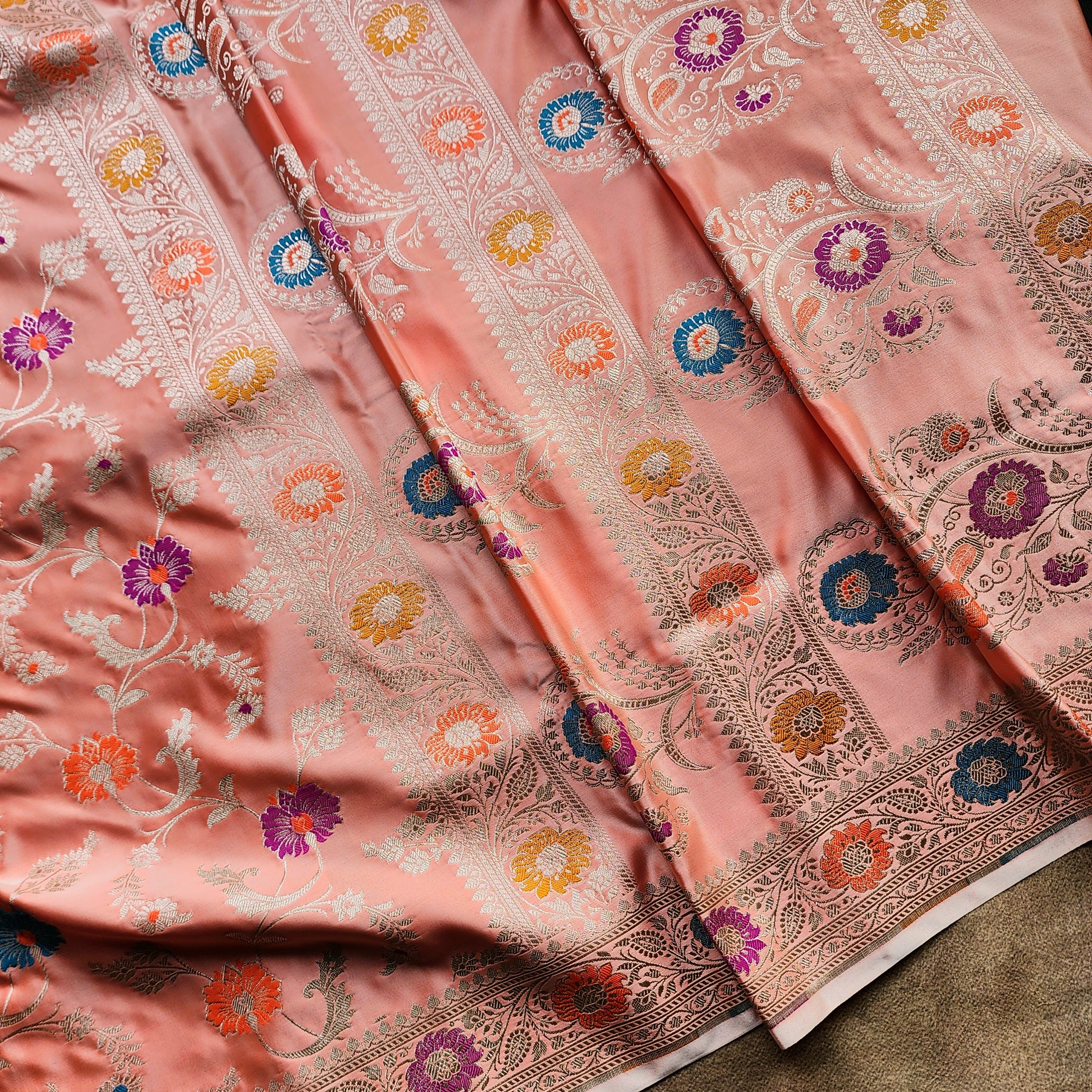 Enriched Banarasi Katan Silk Saree | Peach Multicolor Meenakari Floral Jaal