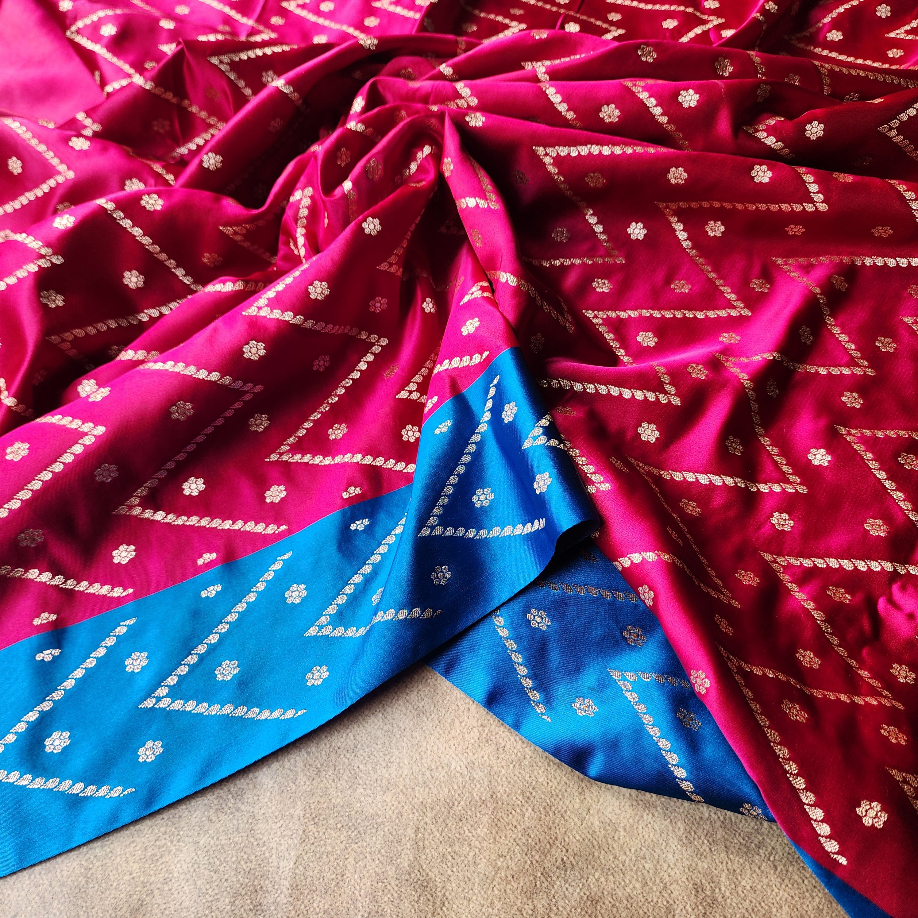 Rani Red Pure Banarasi Katan Silk Saree with Cobalt Blue Border