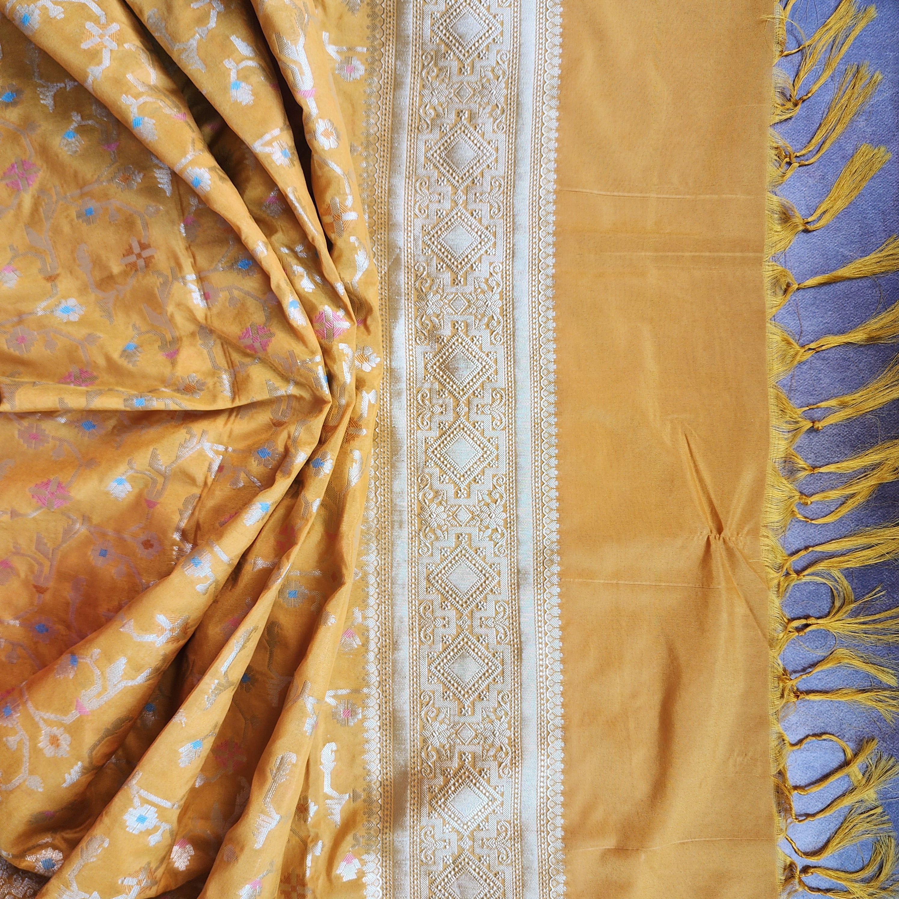Golden Grid Banarasi Silk Dupatta with Meenakari Work in Mustard Yellow