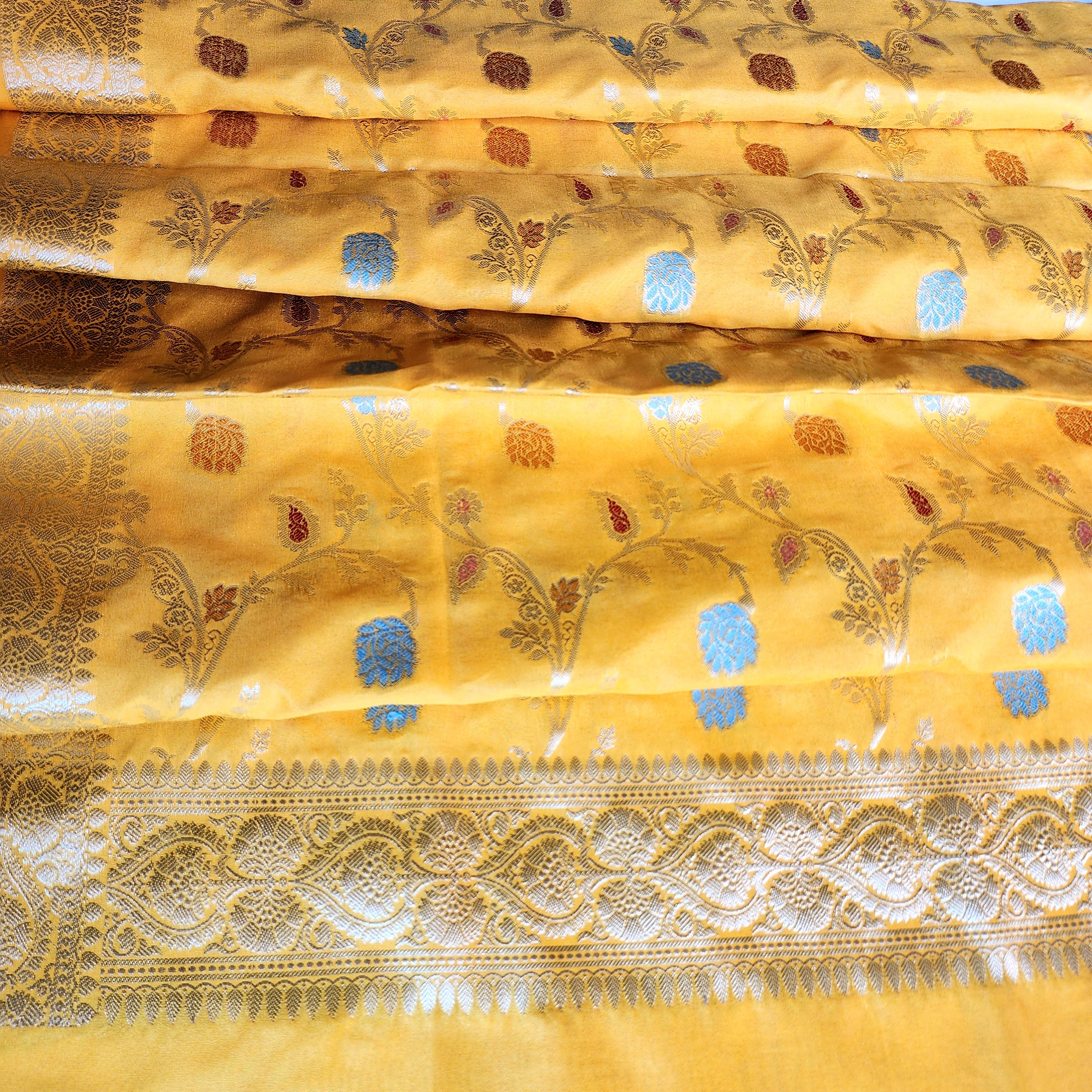 Mustard Yellow Banarasi Silk Dupatta with Gold Zari Border & Multicolor Meenakari Work