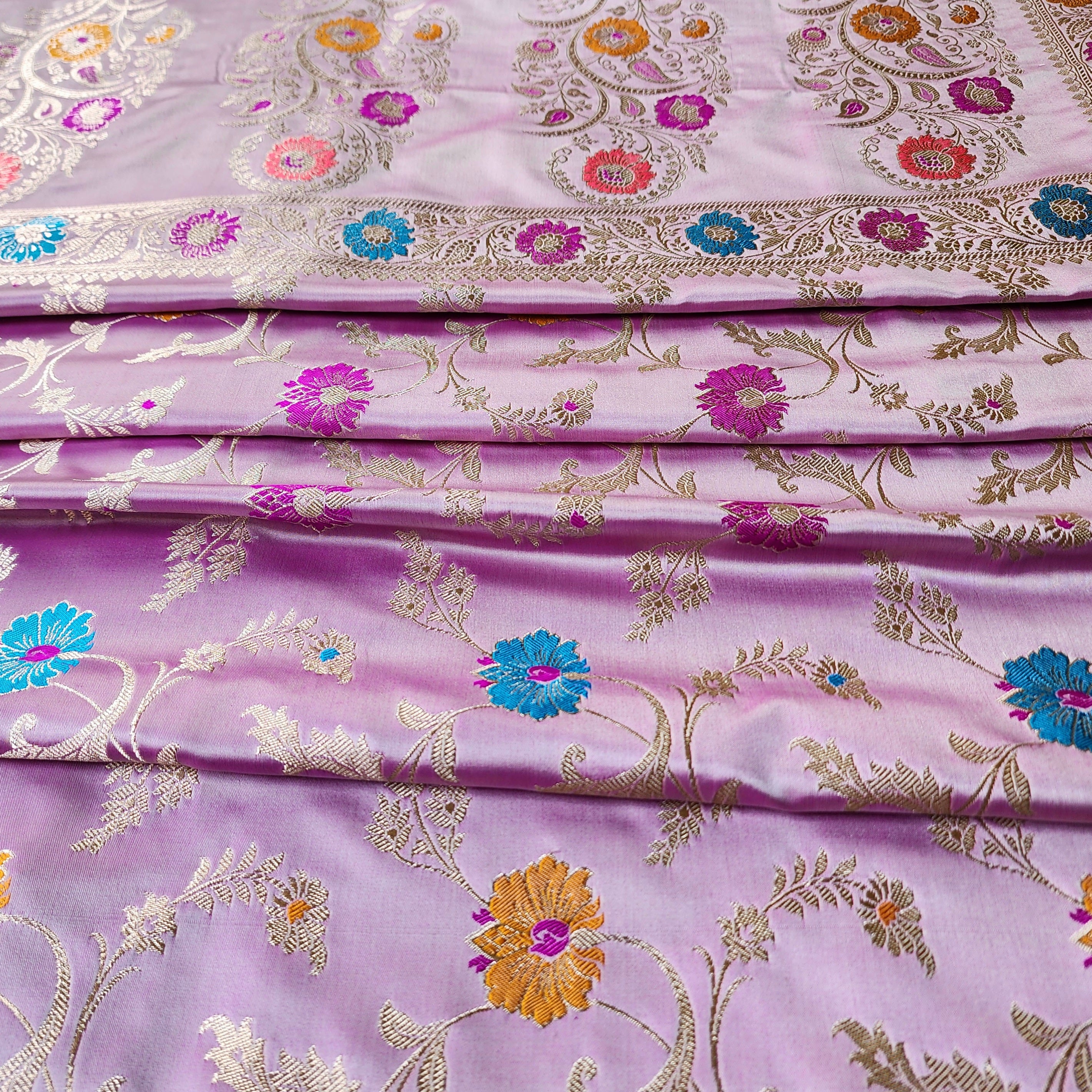 Enriched Banarasi Katan Silk Saree | Soft Lavender Pink Multicolor Meenakari Floral Jaal