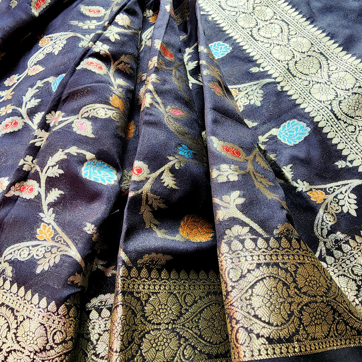 Black Banarasi Silk Dupatta with Gold Zari Border & Multicolor Meenakari Work