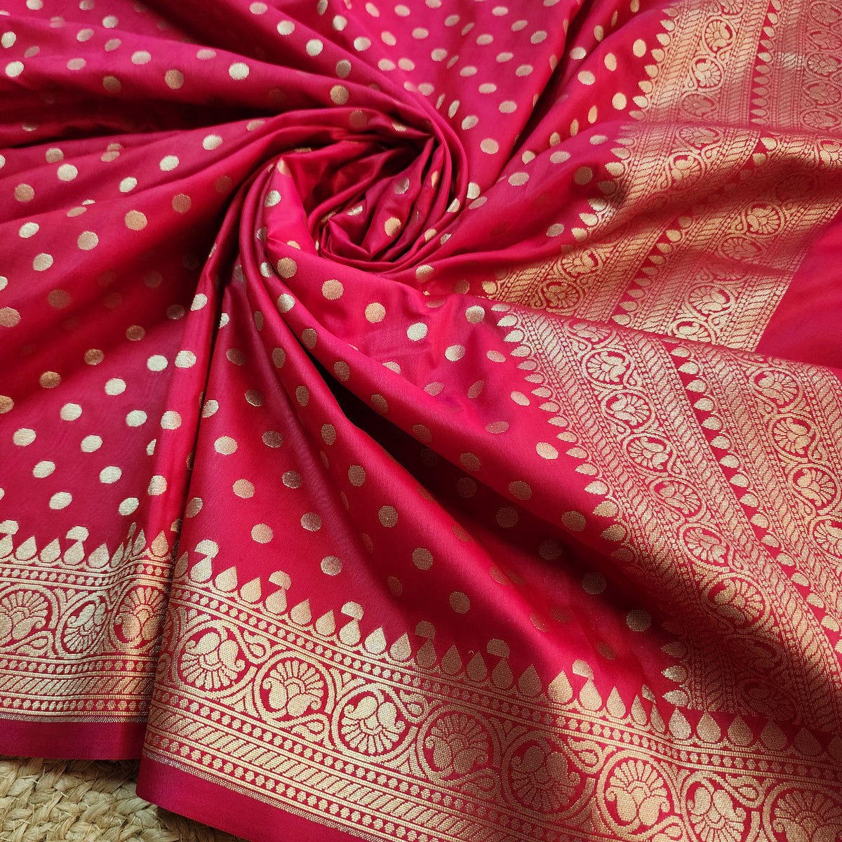 Fuchsia Banarasi Silk Dupatta with Gold Polka Dot