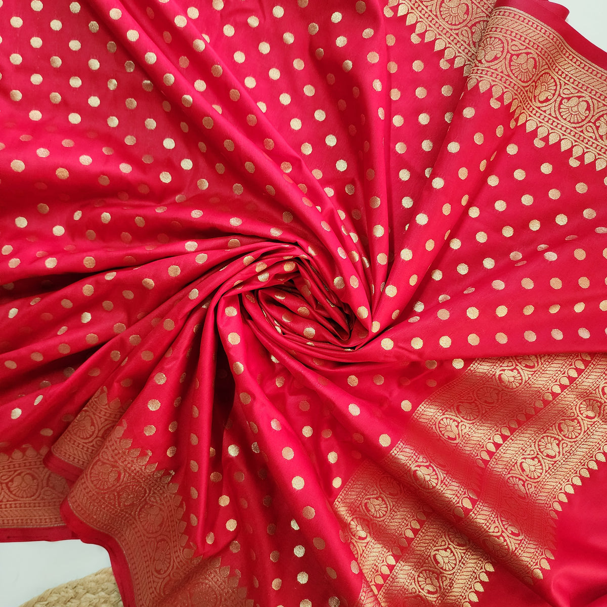 Classic Red Banarasi Silk Dupatta with Gold Polka Dot