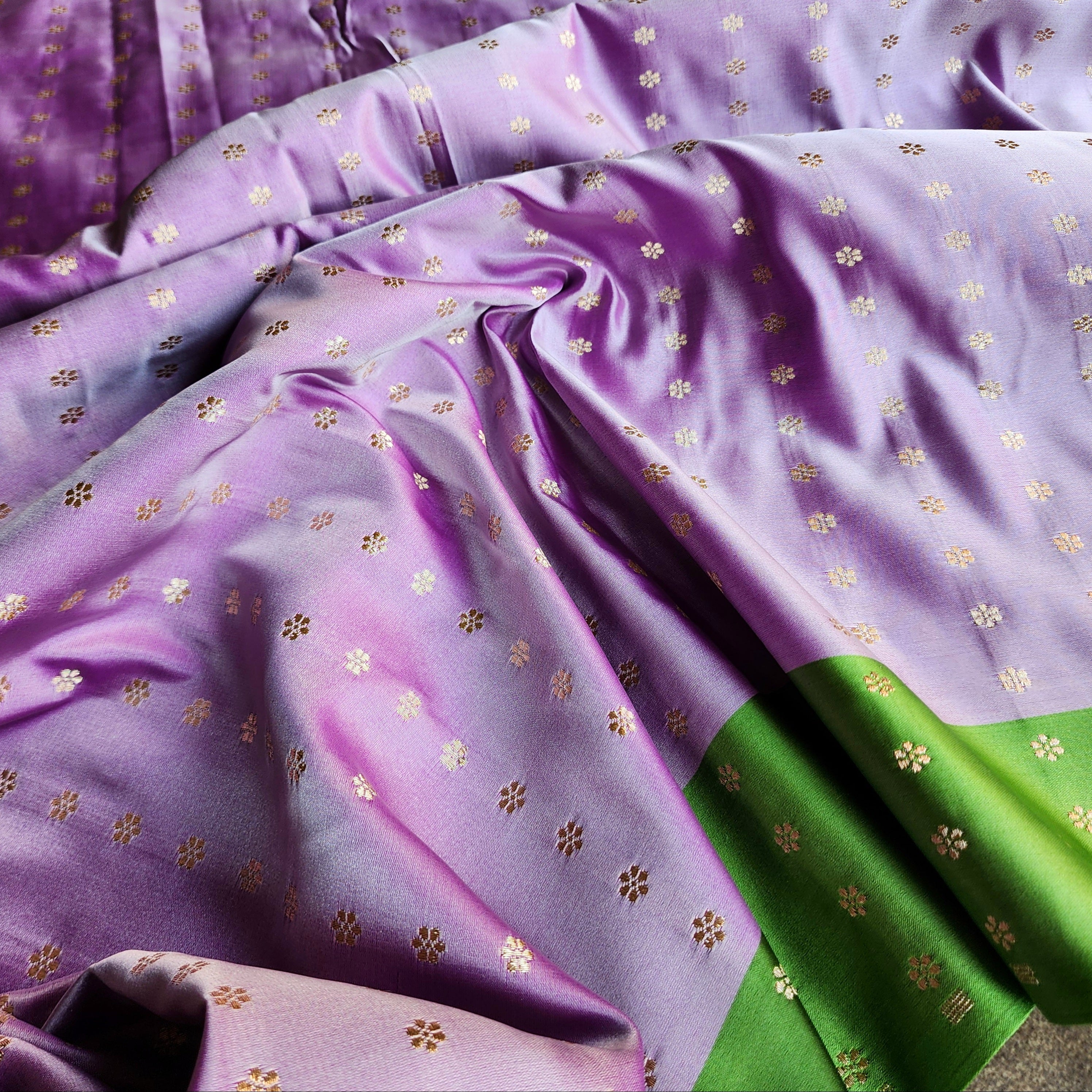 Lavender Katan Silk Saree with Parrot Green Silver Zari Border