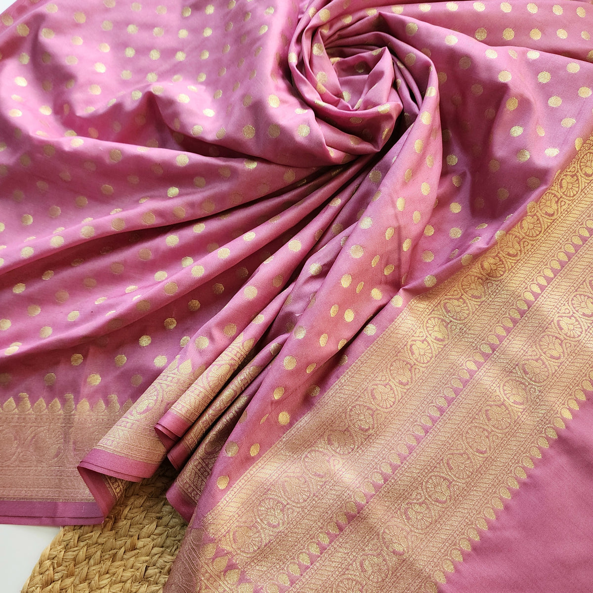 Mauve Pink Banarasi Silk Dupatta with Gold Polka Dot