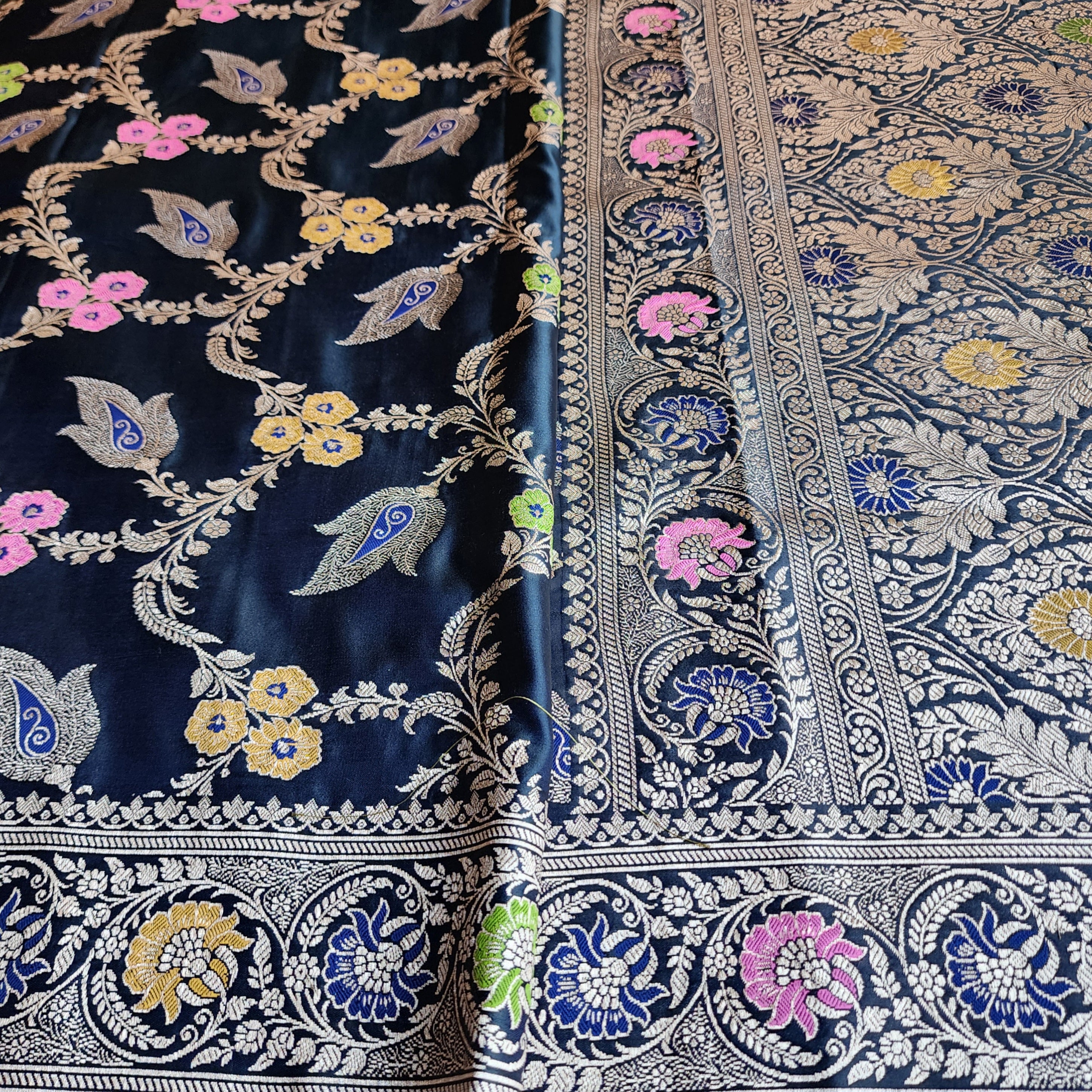 Enriched Midnight Blue Banarasi Katan Silk Saree with Multicolor Meenakari Floral Jaal