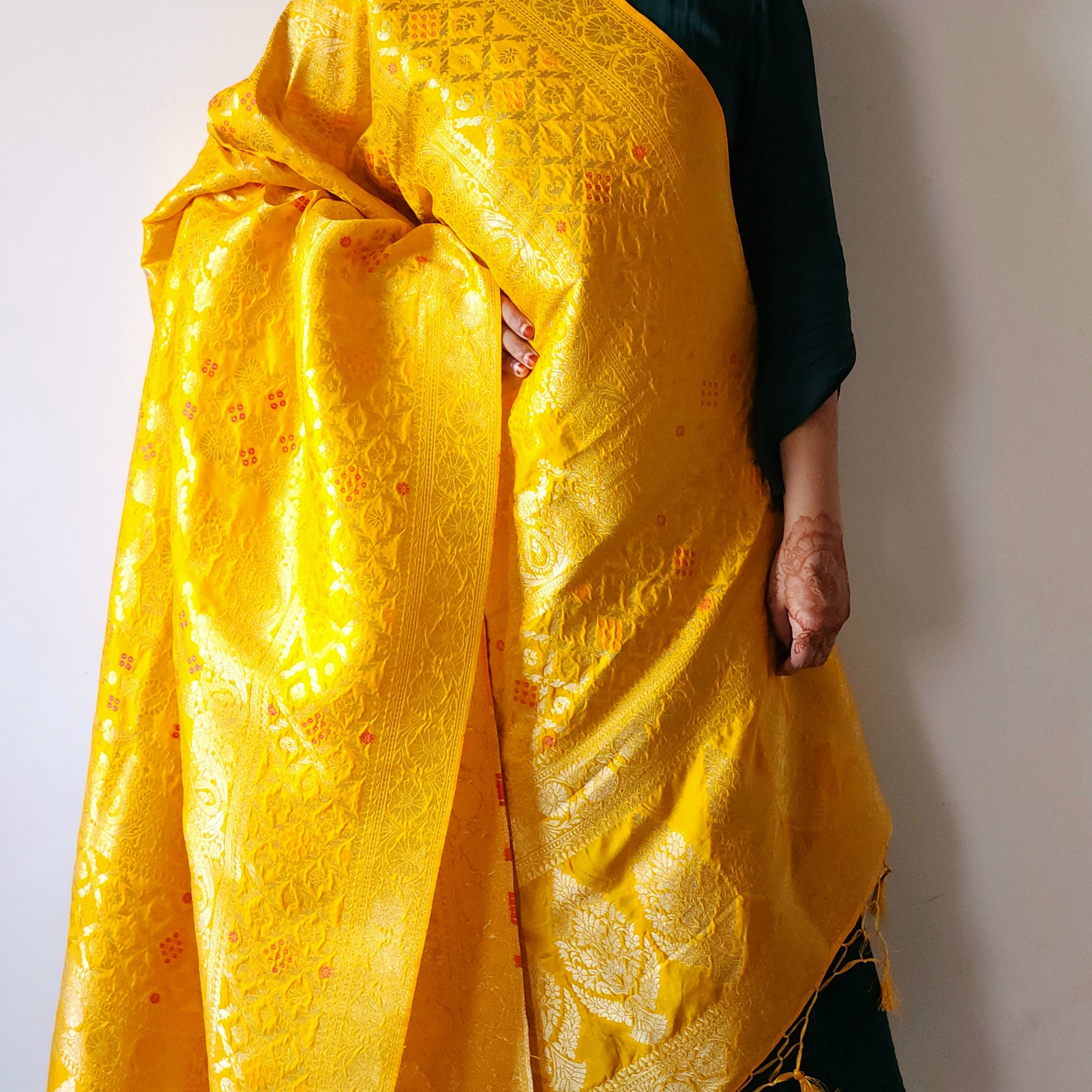 Mustard Gold Bandhani Dupatta with Floral and Geometric Zari Weave