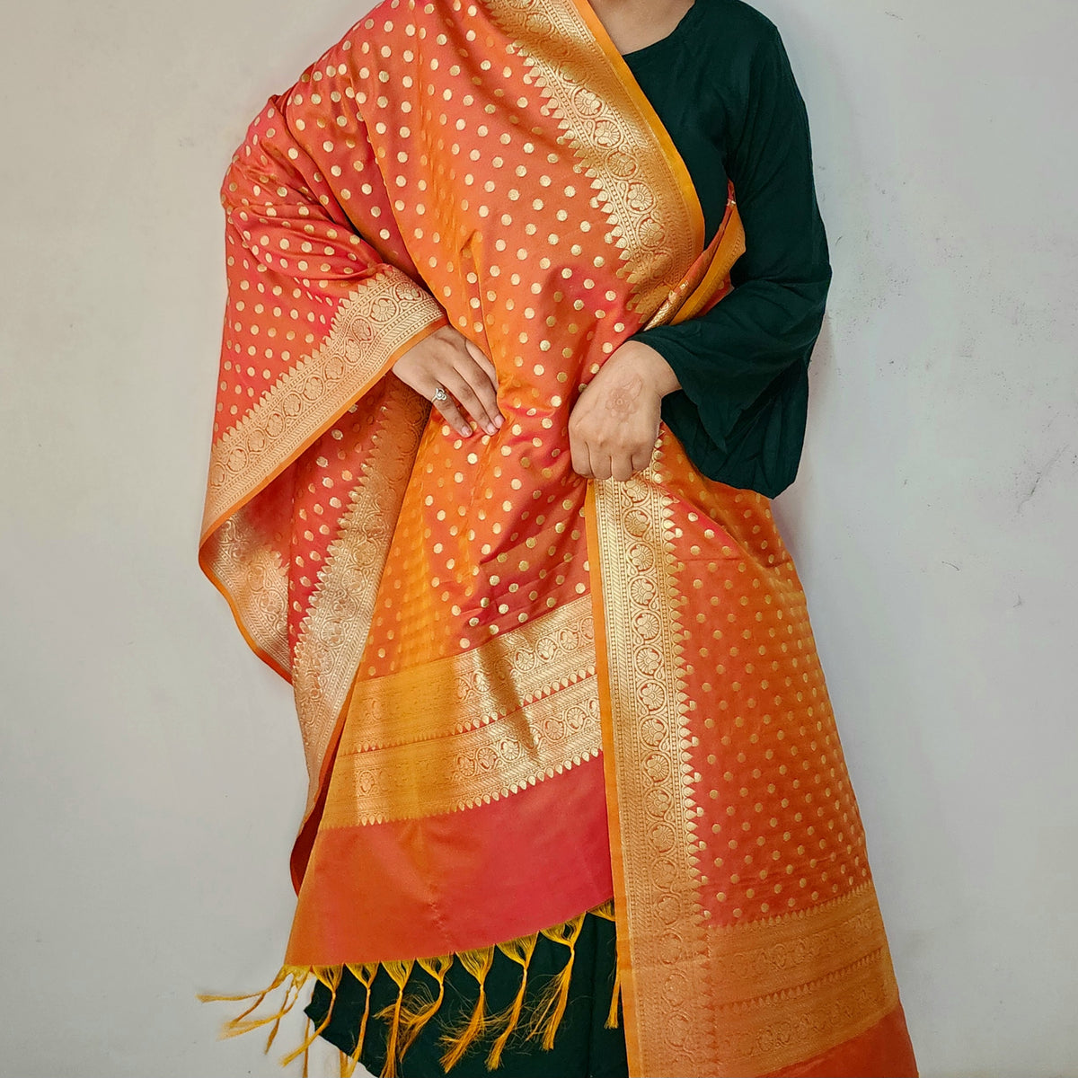 Peach Orange Banarasi Silk Dupatta with Gold Polka Dot