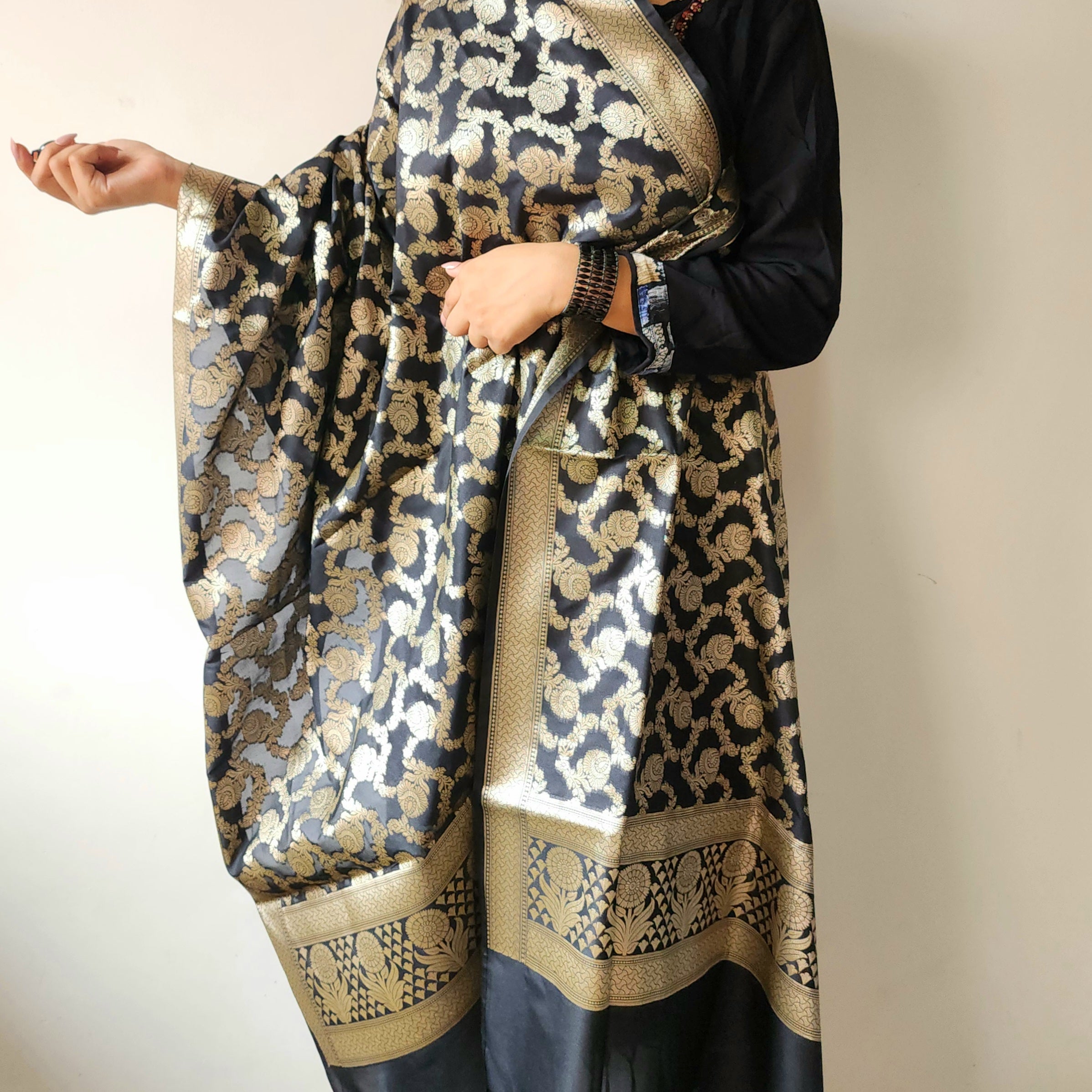 Black Floral Jaal Dupatta with Mughal-Inspired Zari Border