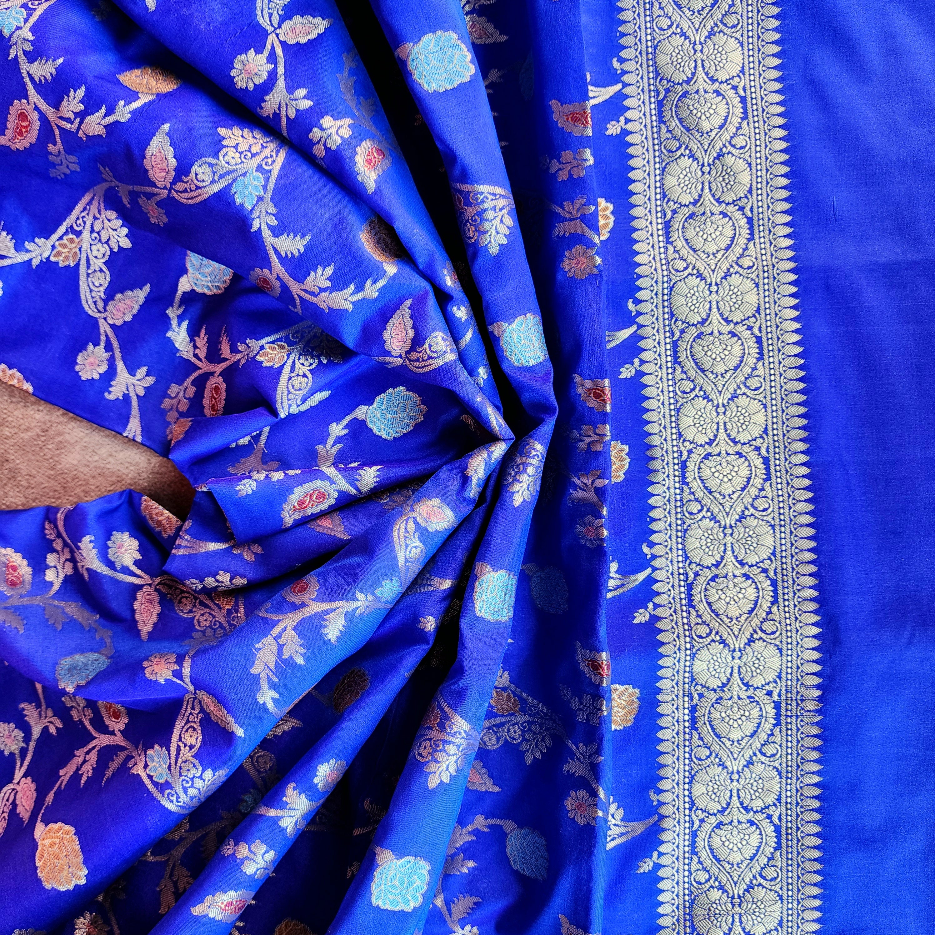 Royal Blue Banarasi Silk Dupatta with Gold Zari Border & Multicolor Meenakari Work
