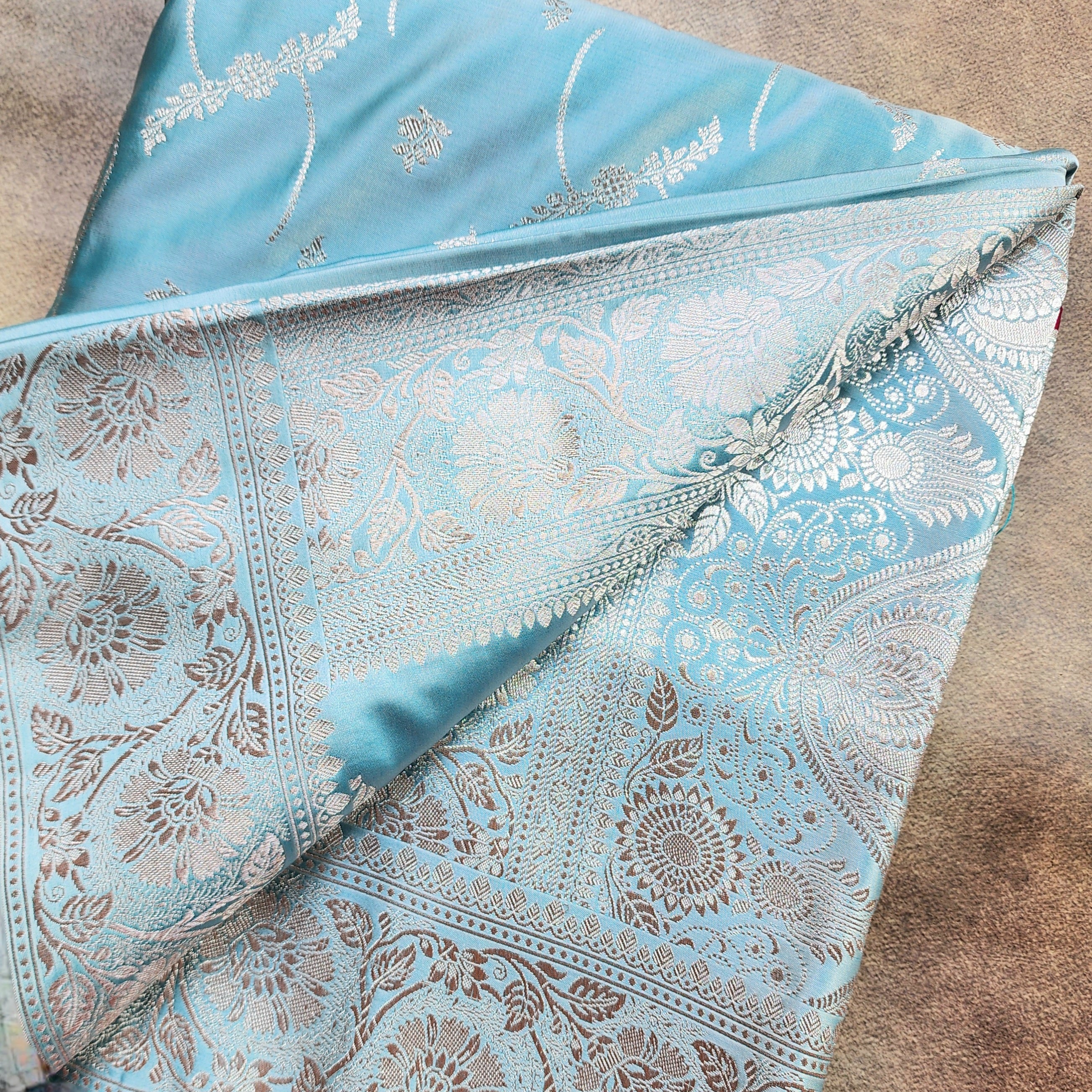 Pastel Sky Blue Banarasi Katan Silk Saree with Light Gold Zari weaving