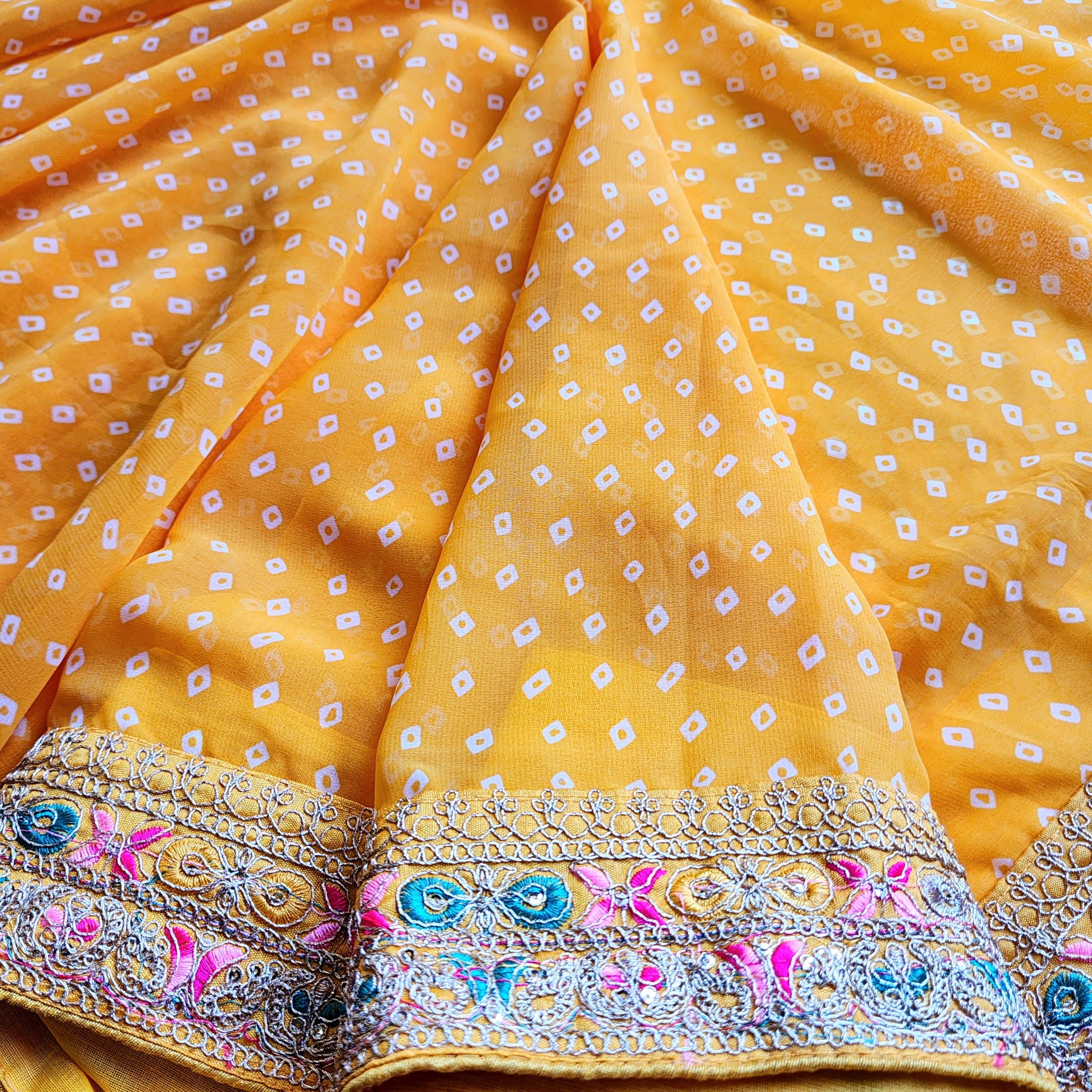 Embroidered Bandhani Designer Saree in Yellow