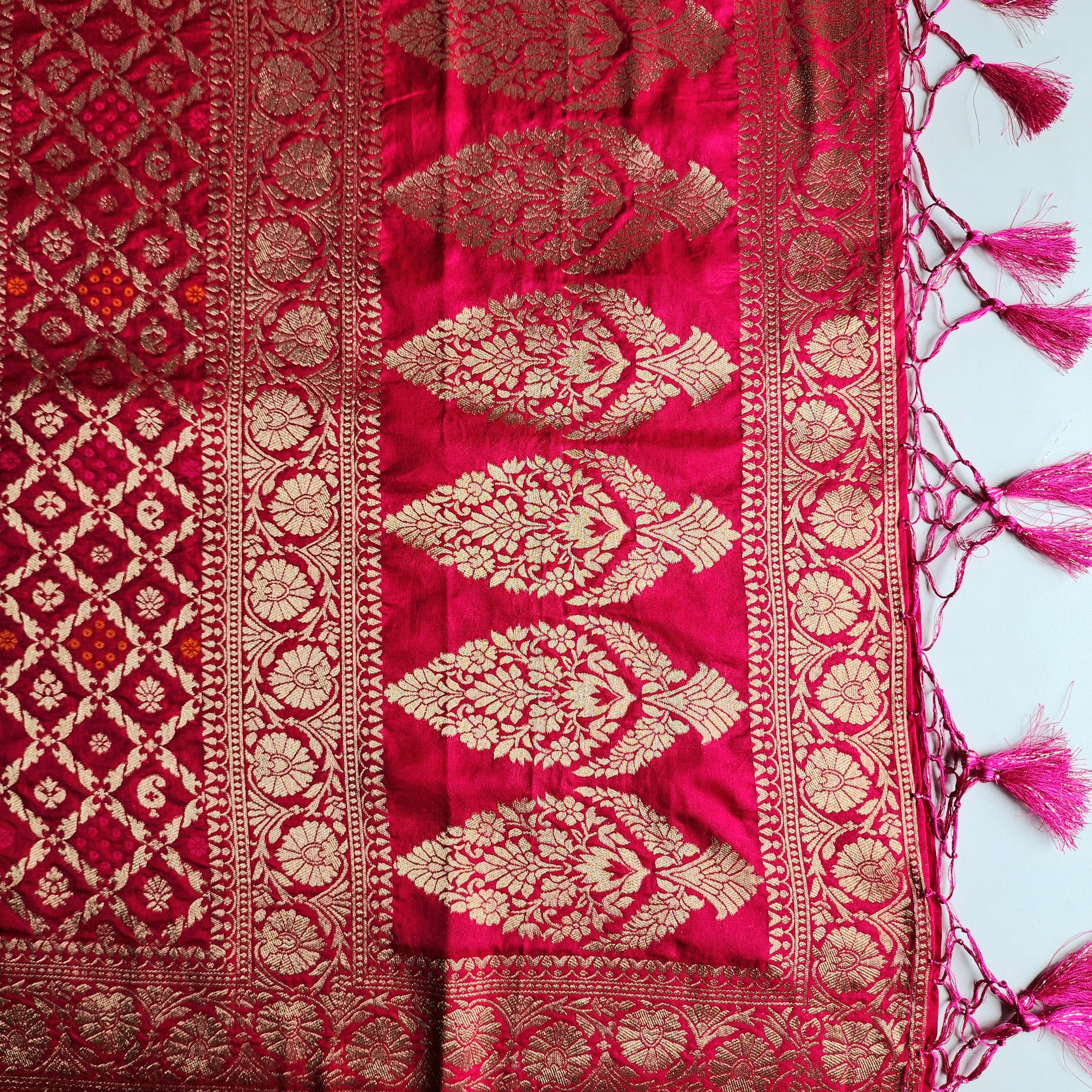 Wine Magenta Bandhani Dupatta with Floral and Geometric Zari Weave