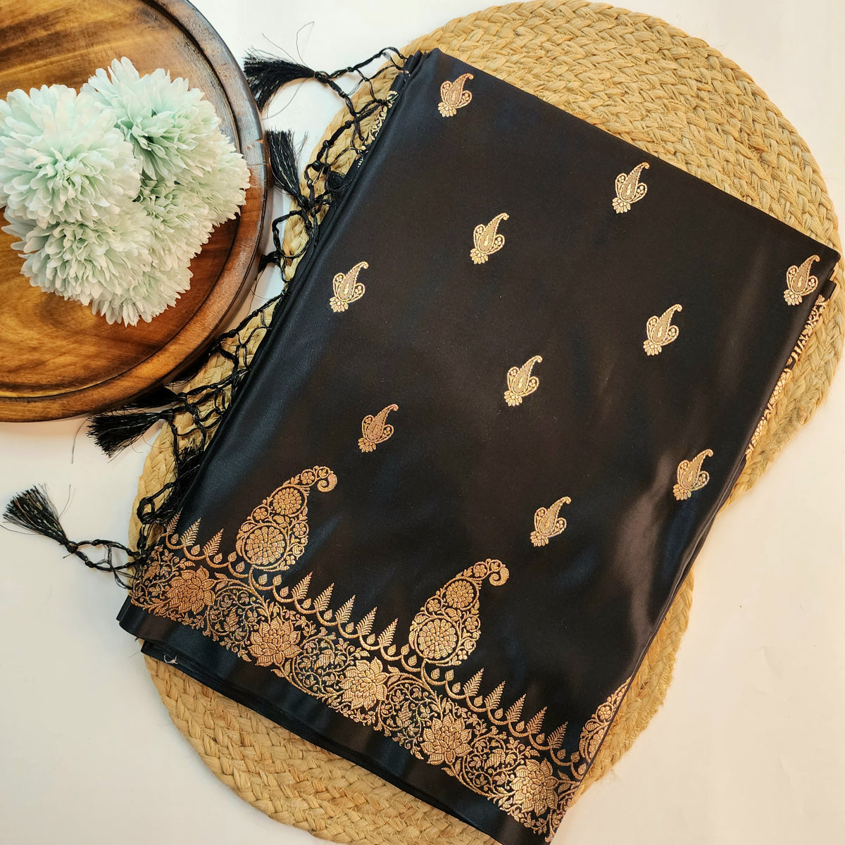 Black Paisley Katan Silk Saree with Gold Zari