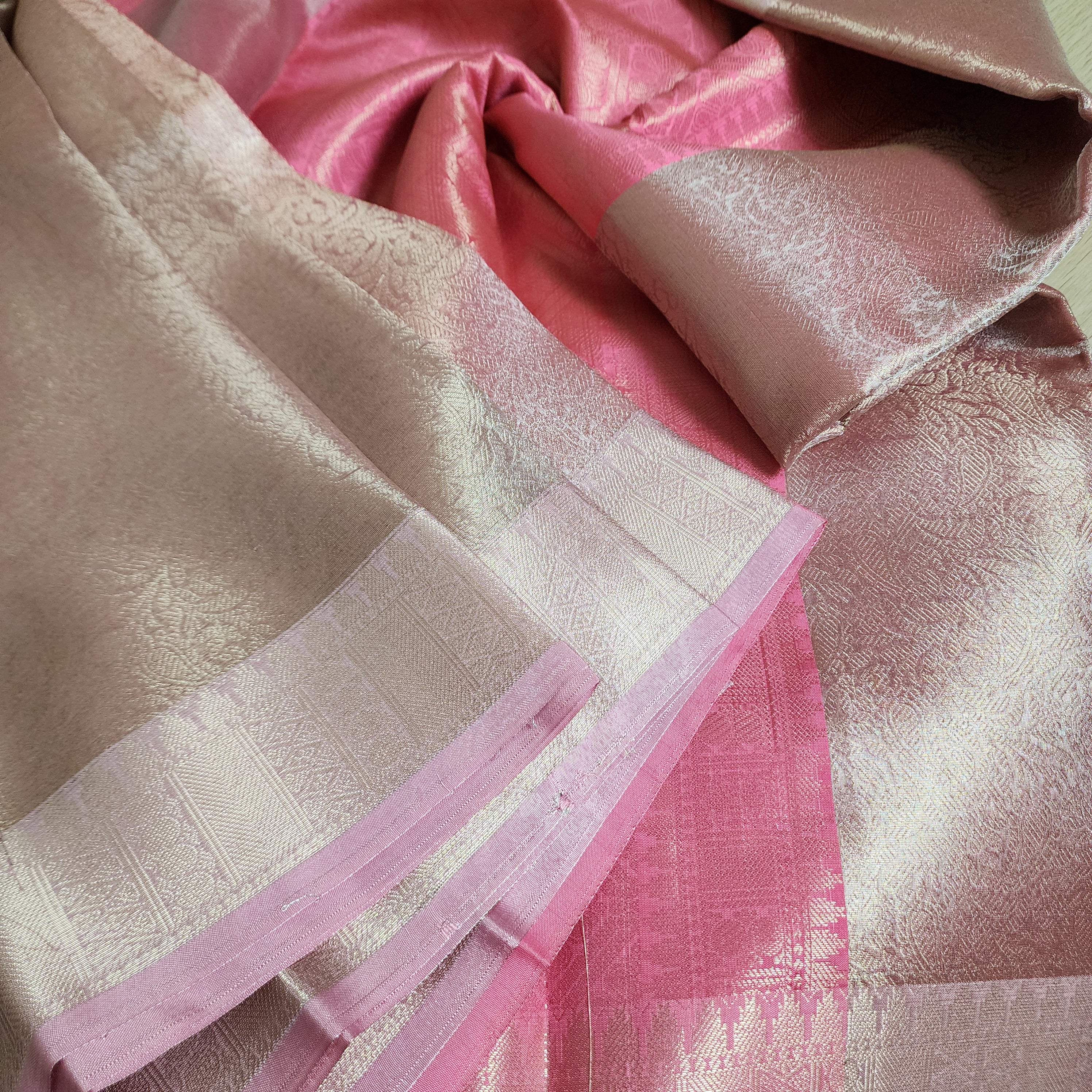 Unique Coral Pink & Beige Kanjivaram style Banarasi Tissue Saree