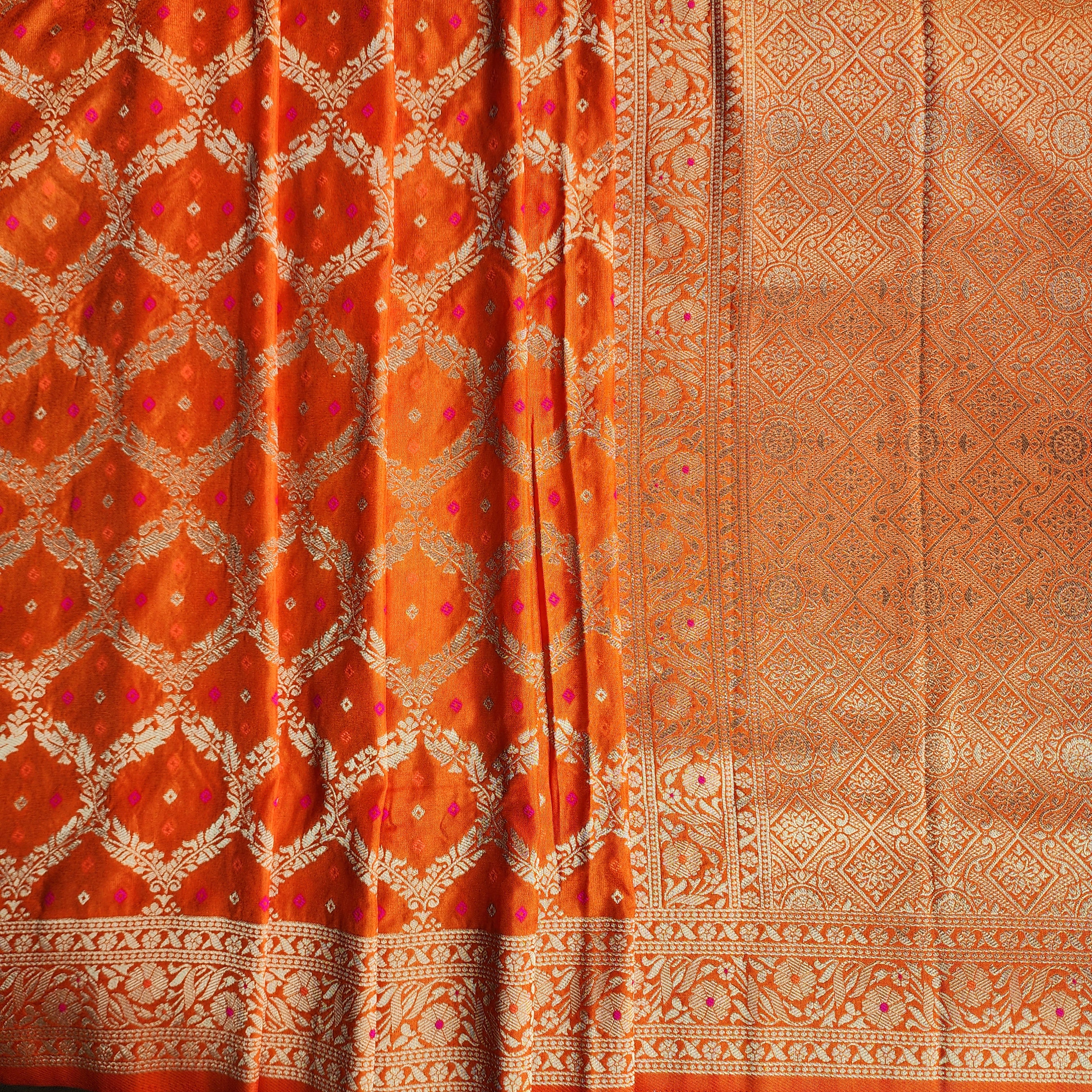 Rust Orange Bandhani Dupatta with Traditional Jaal