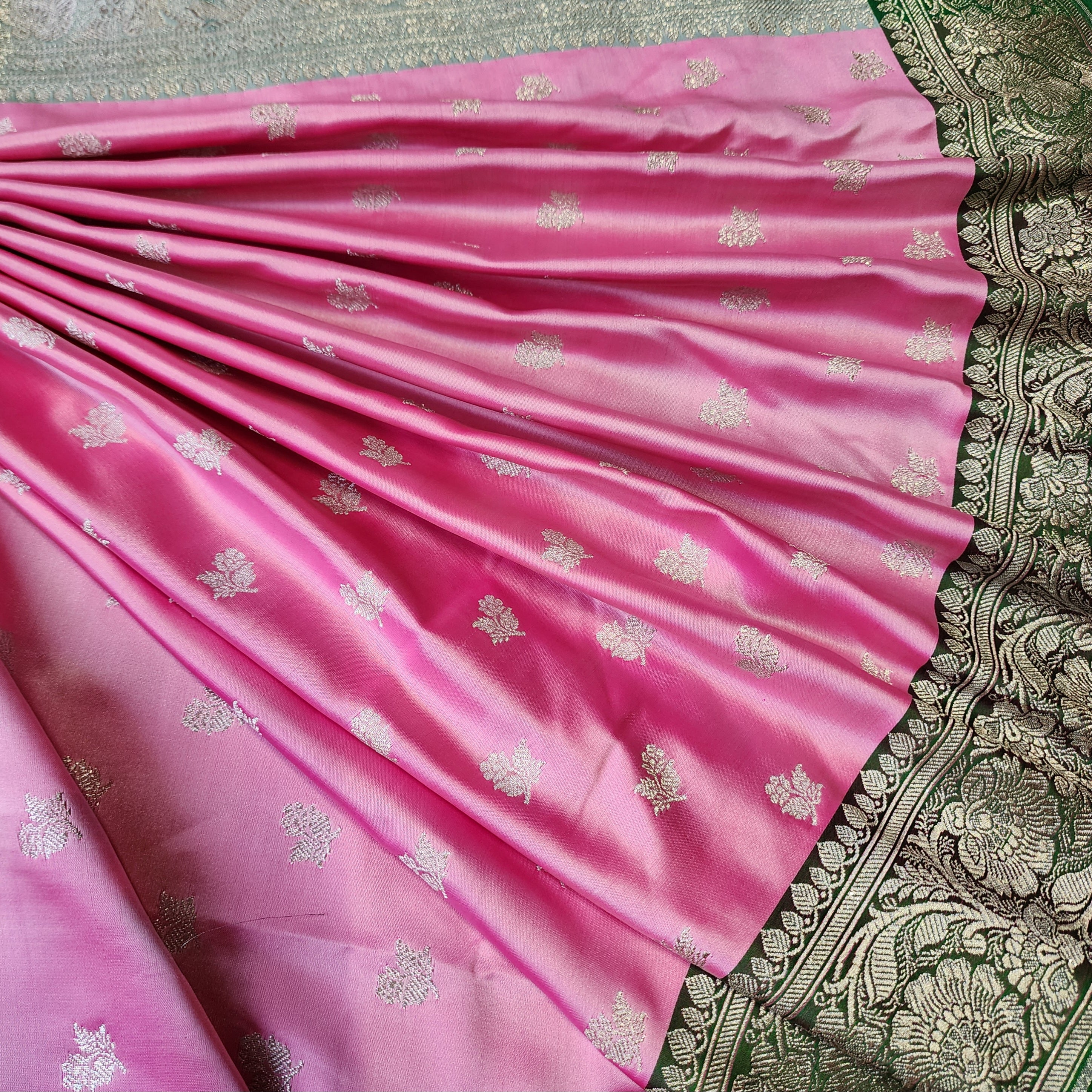 Rose Pink Pure Banarasi Katan Silk Saree with light Gold Zari Weaving