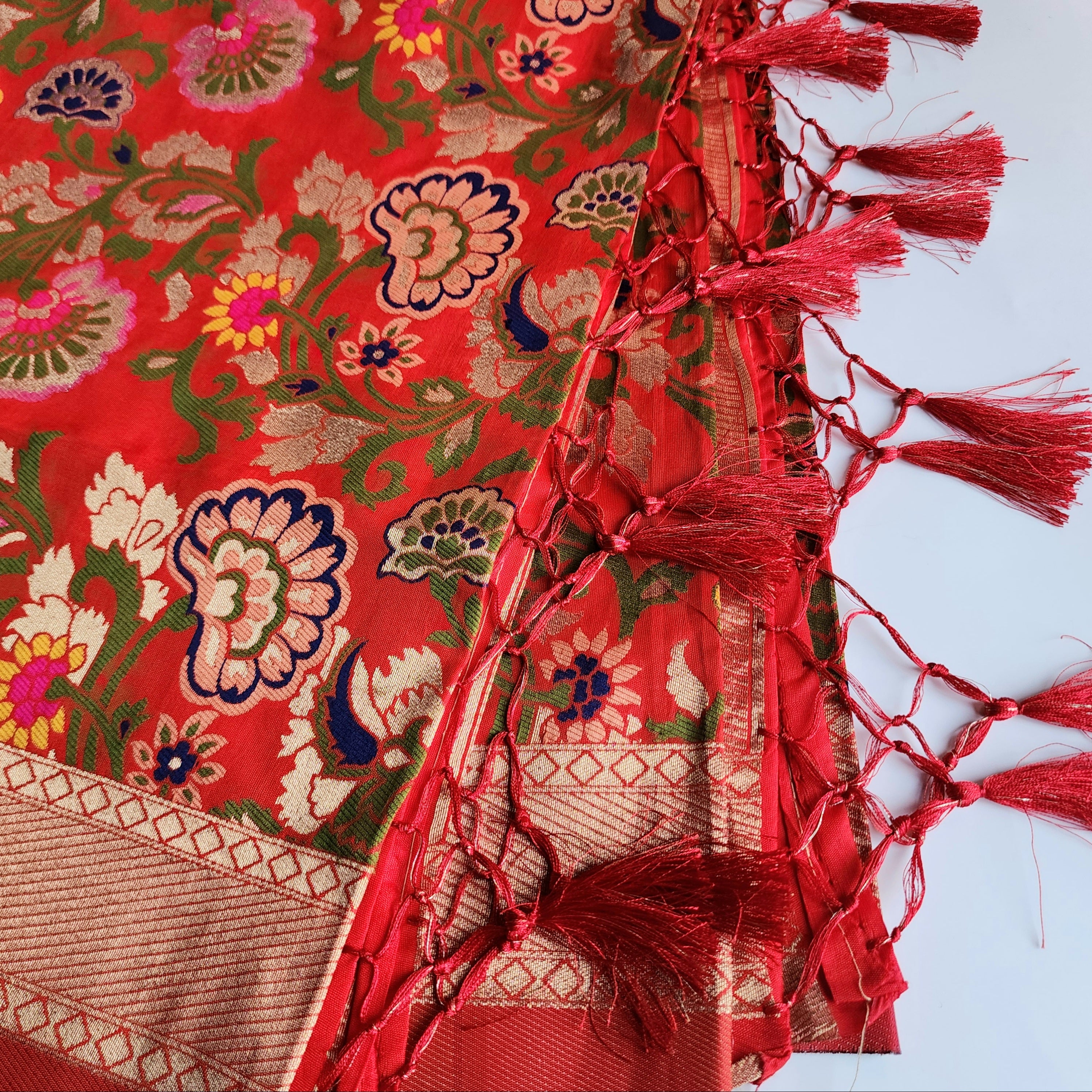 Banarasi Silk Bridal Red Dupatta with Multicolor & Gold Floral Handweaving