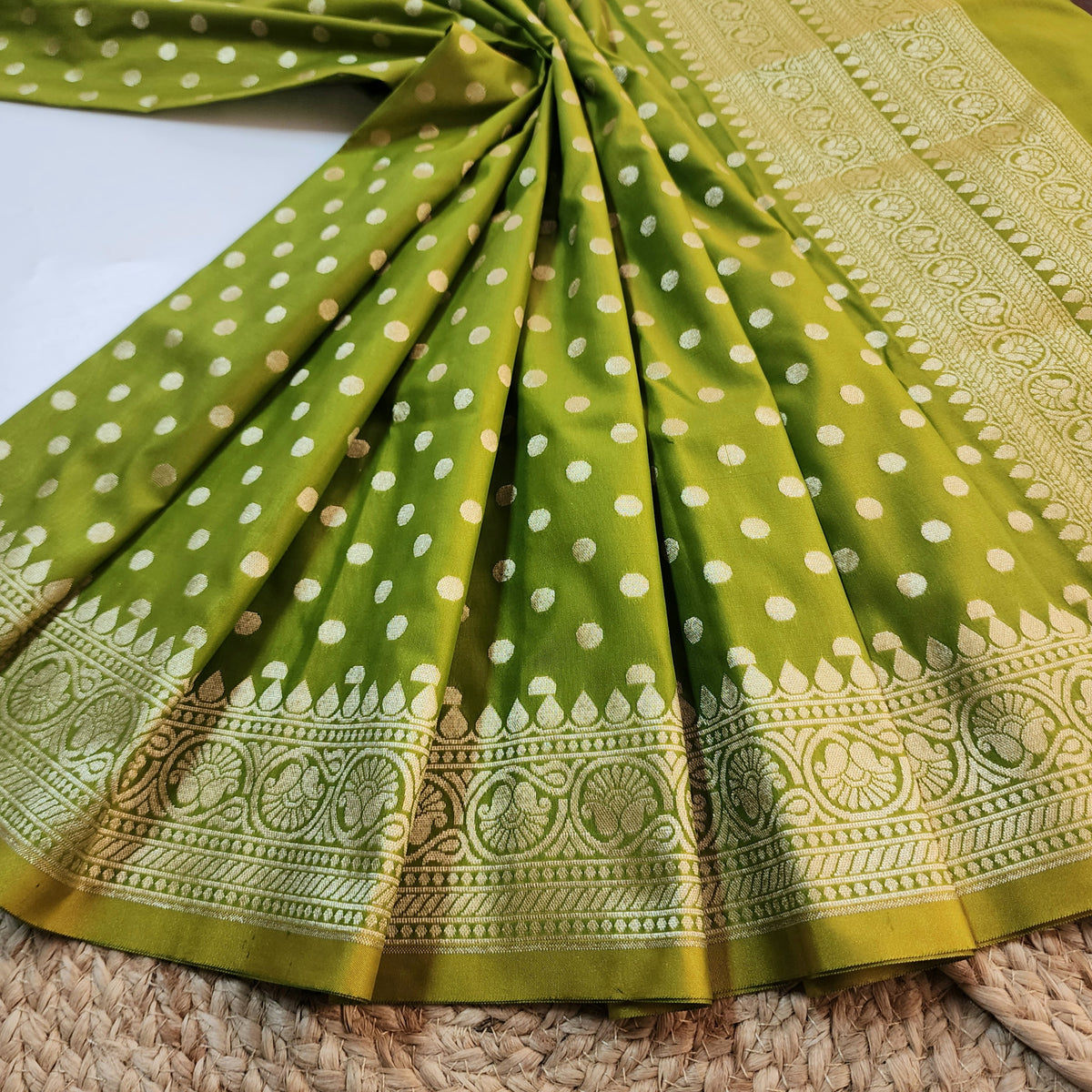 Olive Green Banarasi Silk Dupatta with Gold Polka Dot