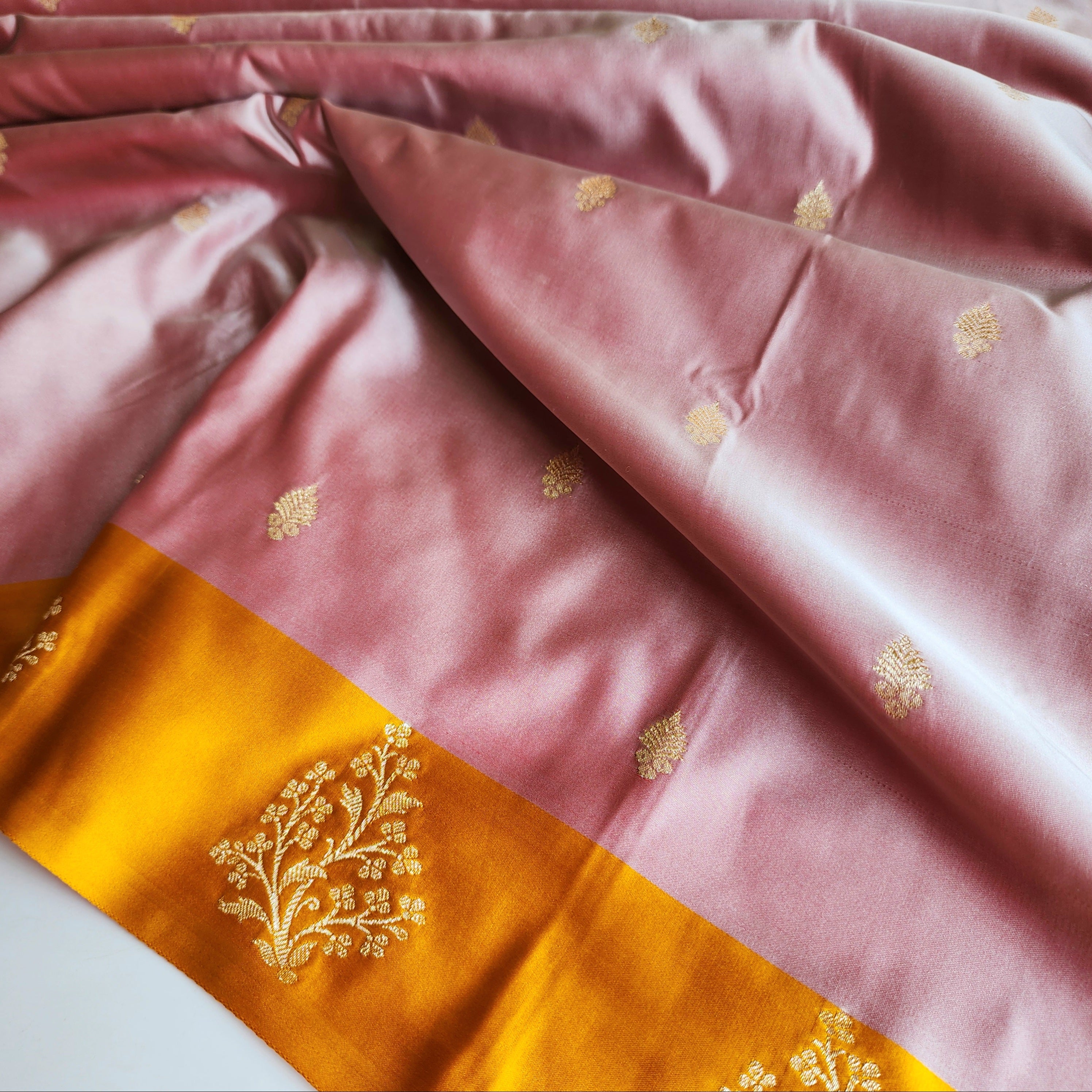 Dusty Rose Katan Silk Saree with Mustard Yellow Gold Zari Border