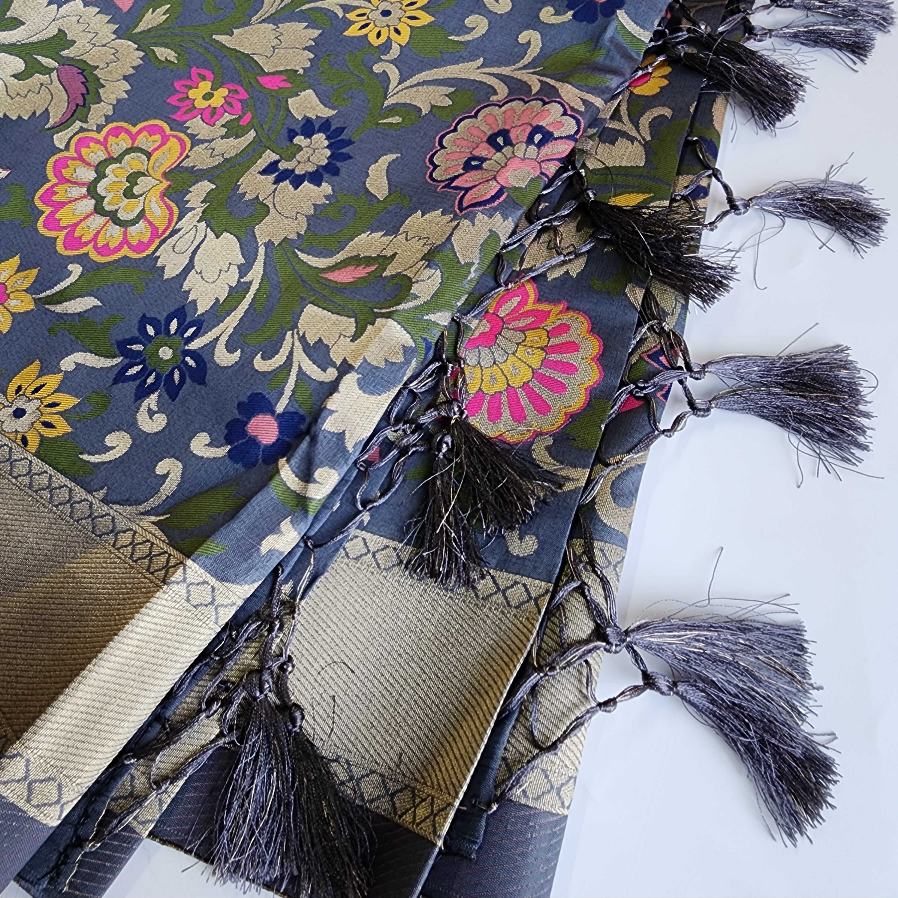 Banarasi Silk Dark Gray Dupatta with Multicolor & Gold Floral Handweaving