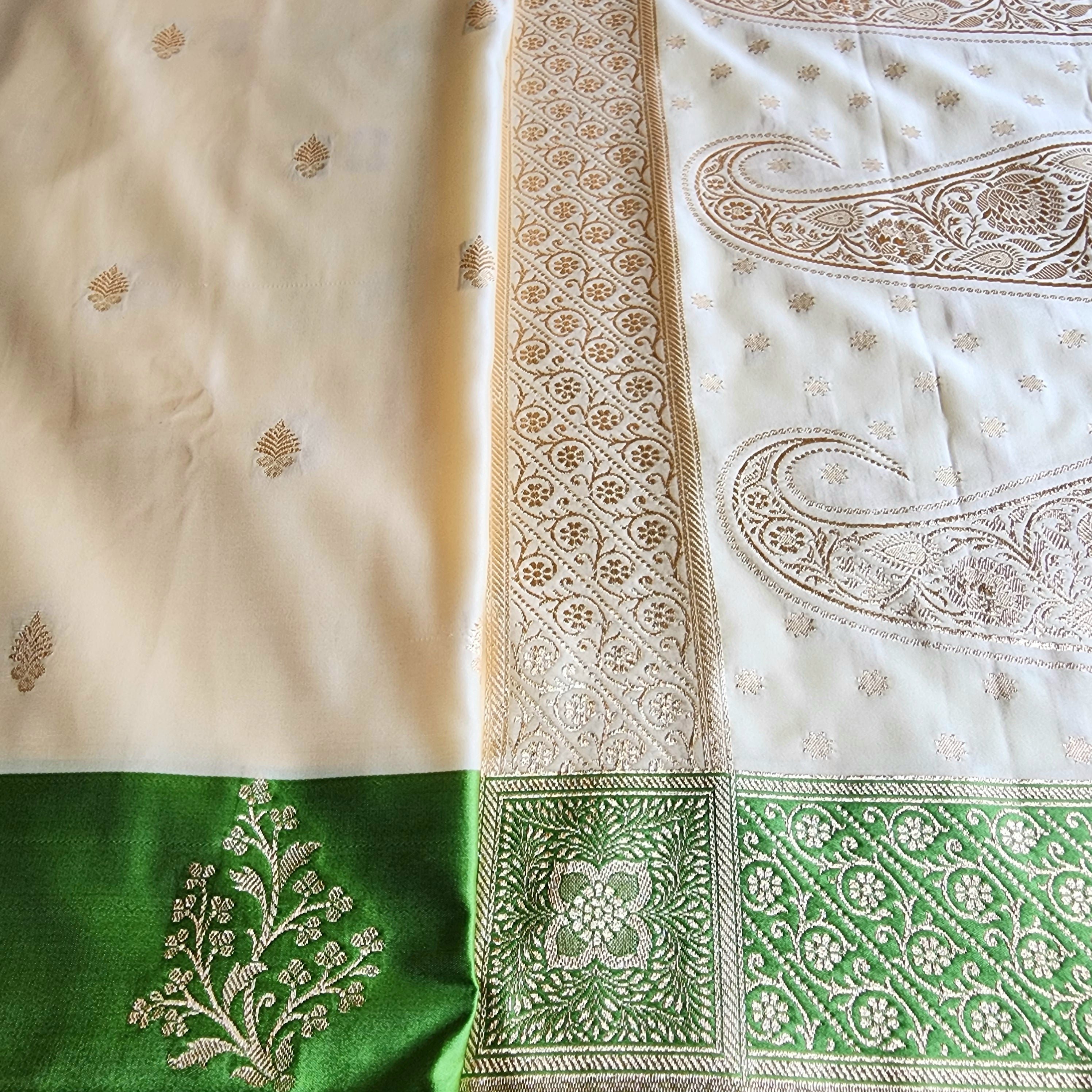 White Katan Silk Saree with Green and Gold Zari Border