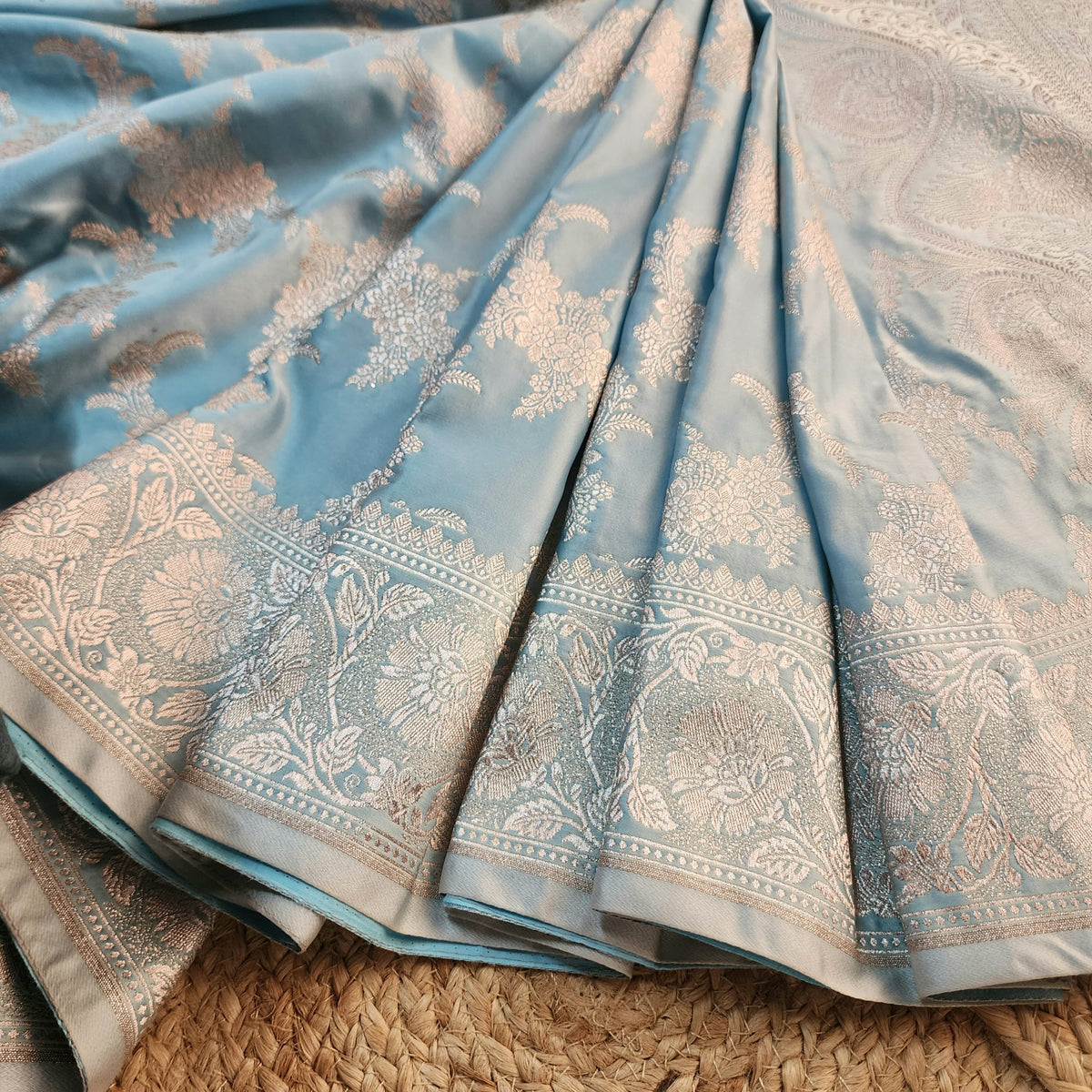 Powder Blue Banarasi Katan Silk Saree with Floral Vine Jaal