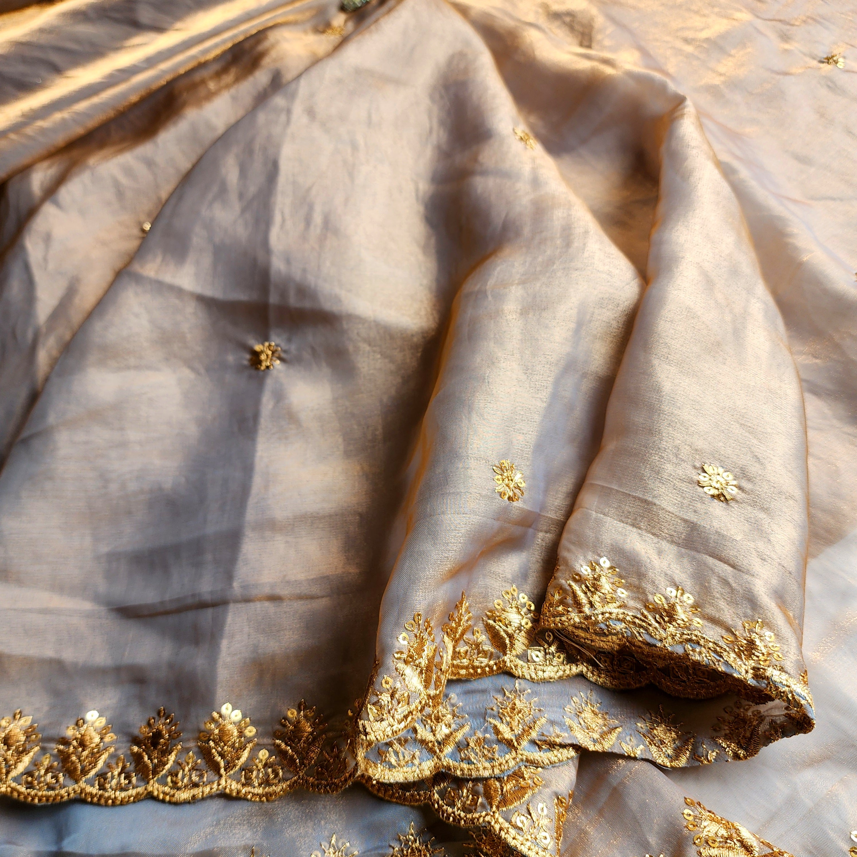 Smoky Taupe Gold Designer Tissue Silk Saree
