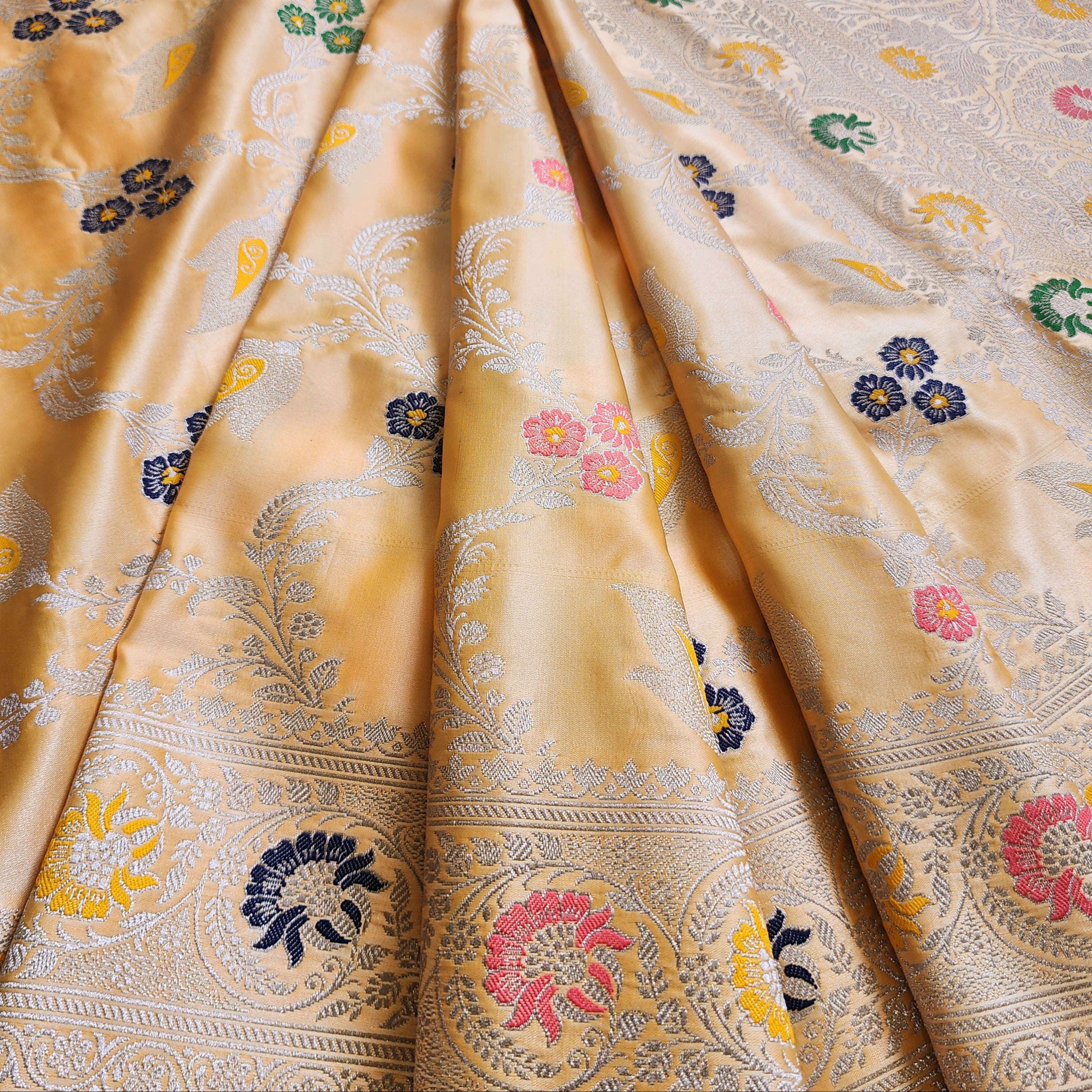 Enriched Light Orange Banarasi Katan Silk Saree with Multicolor Meenakari Floral Jaal