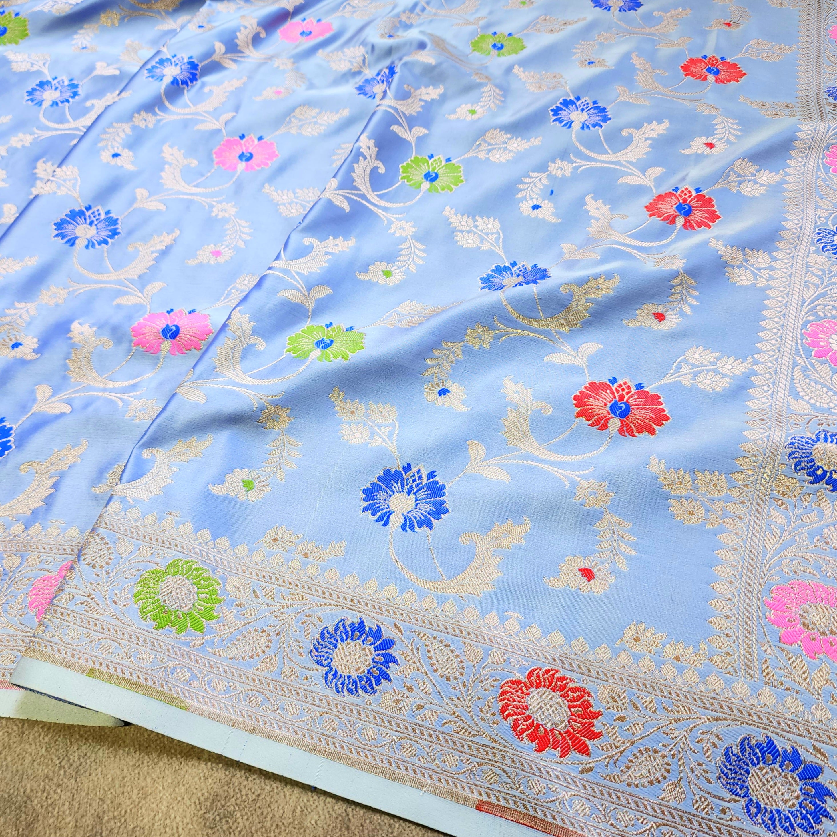 Enriched Banarasi Katan Silk Saree | Sky Blue Multicolor Meenakari Floral Jaal
