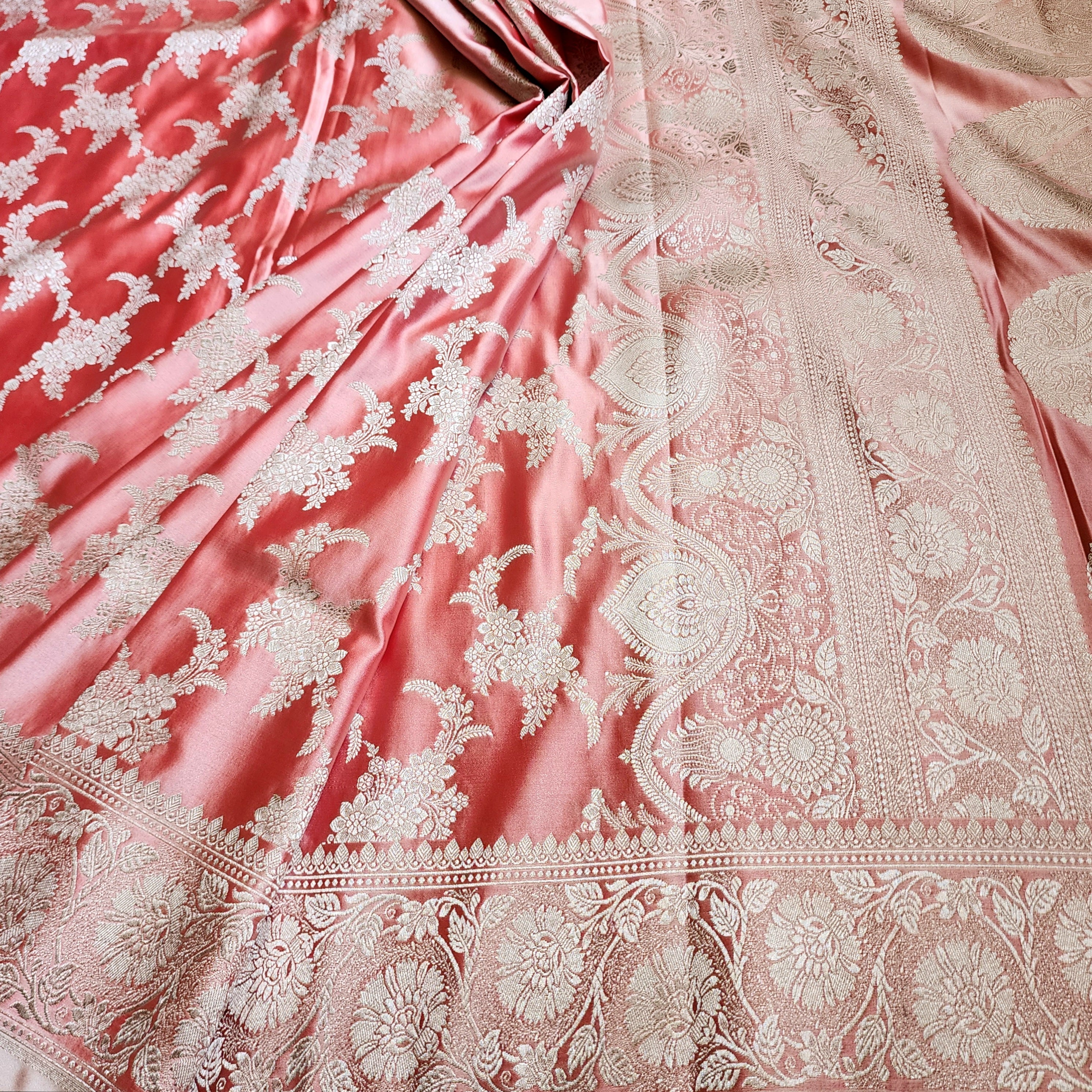 Blush Coral Banarasi Katan Silk Saree with Floral Vine Jaal