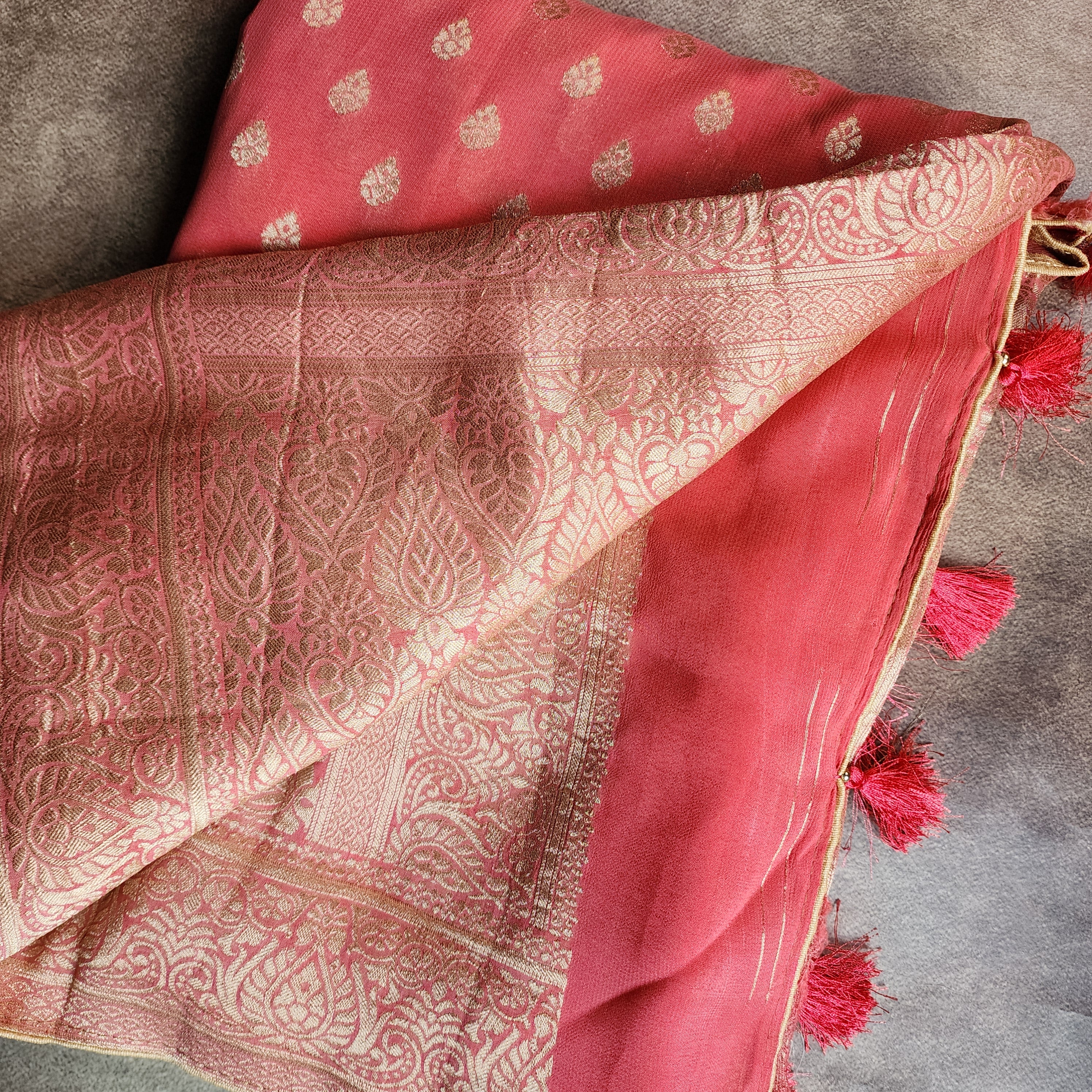 Peach Khaddi Georgette Pure Banarasi Saree with Golden Zari