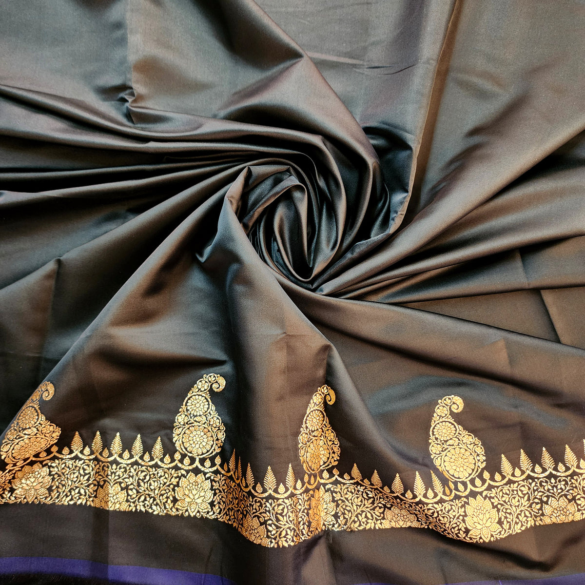 Black Paisley Katan Silk Saree with Gold Zari