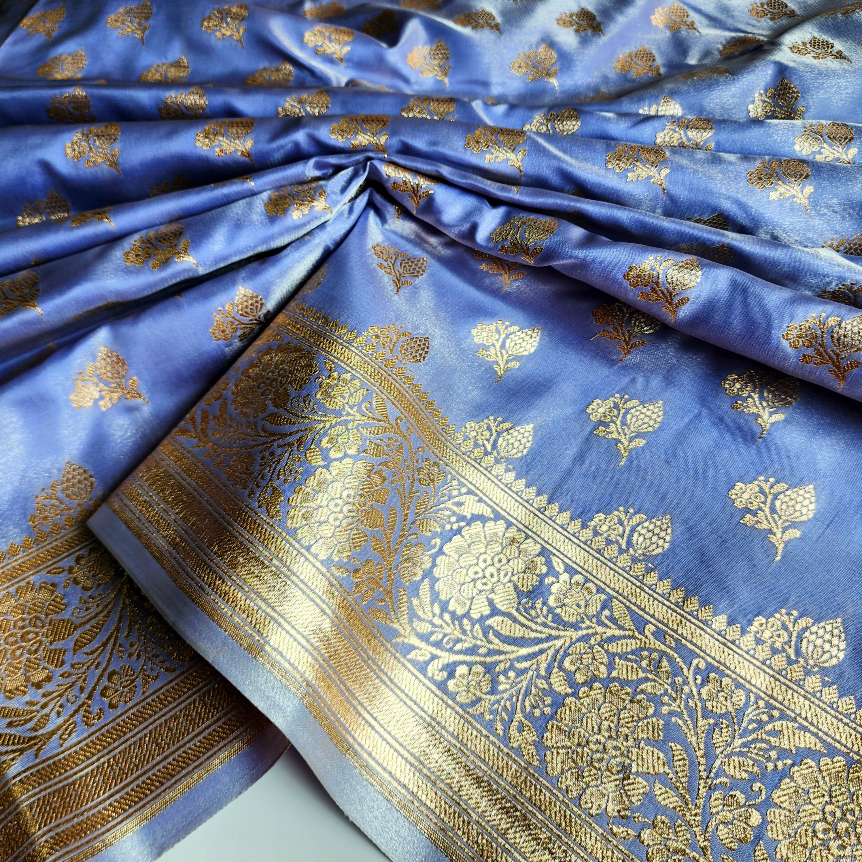Rich Periwinkle Blue Banarasi Silk Saree with Gold Zari Weaving